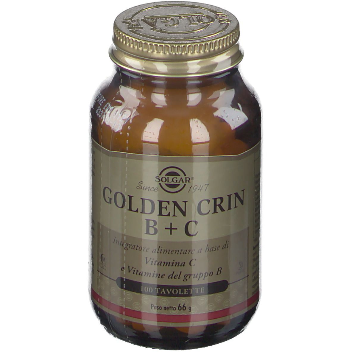 Flacone di vetro marrone con tappo dorato. Scritta: SOLGAR Golden Crin B+C, 100 compresse.