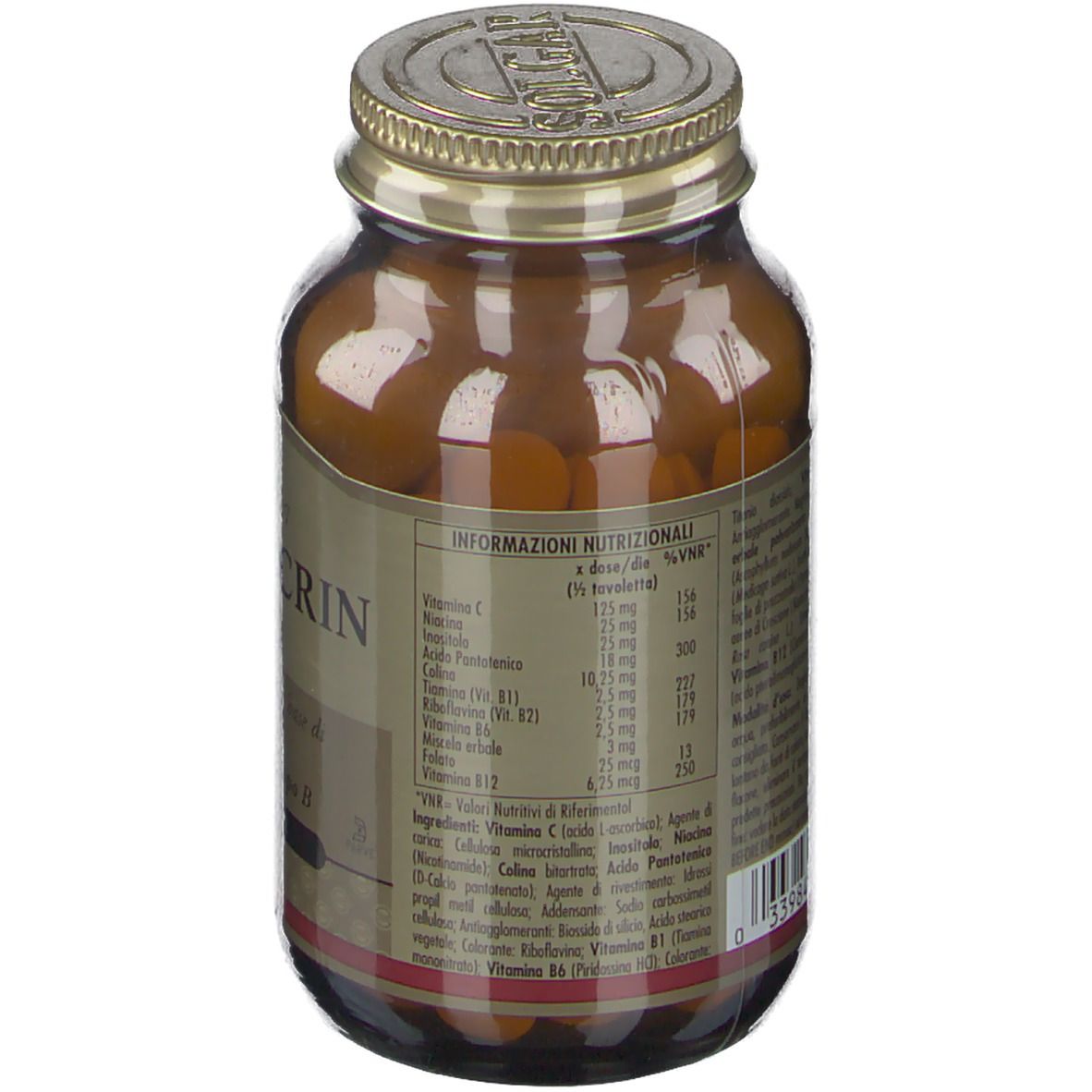 Flacone di vetro marrone con tappo dorato. Retro con informazioni nutrizionali e ingredienti.