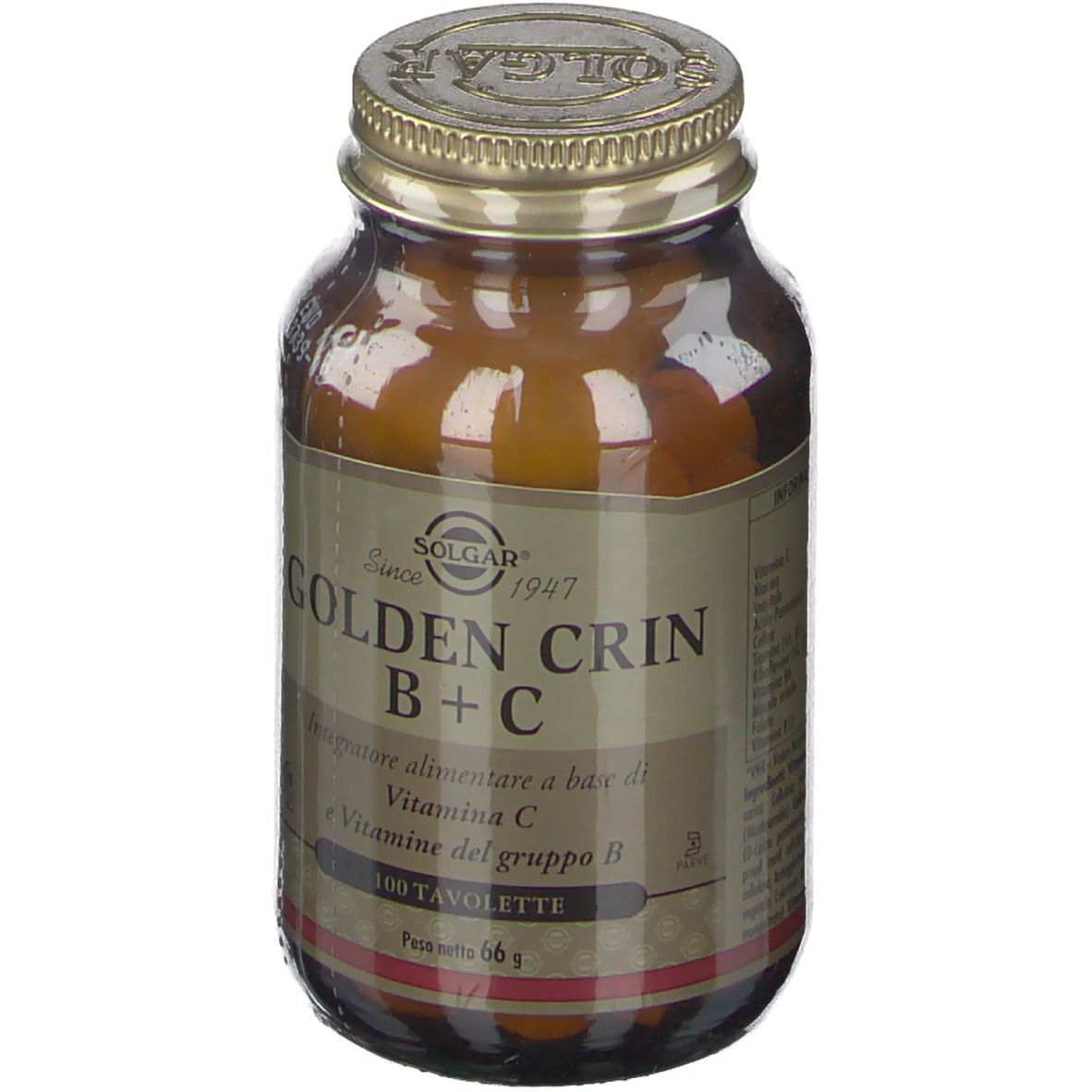Flacone di vetro marrone con tappo dorato. Scritta: SOLGAR Golden Crin B+C, 100 compresse.