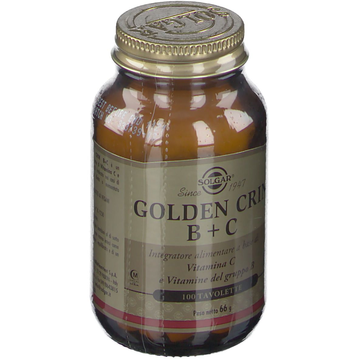 Flacone di vetro marrone con tappo dorato. Scritta: SOLGAR Golden Crin B+C, 100 compresse.