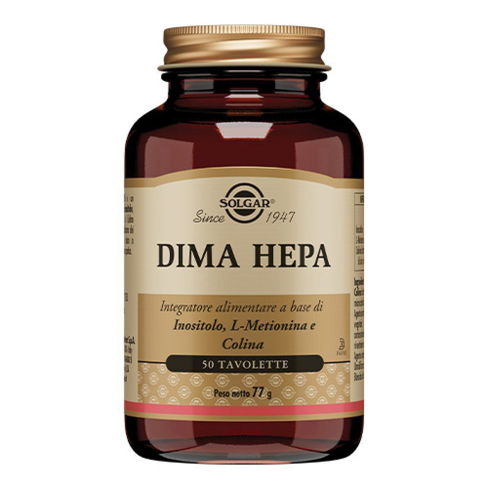 Flacone di vetro marrone con tappo dorato. Scritta: SOLGAR® Dima Hepa. Contiene 50 compresse.