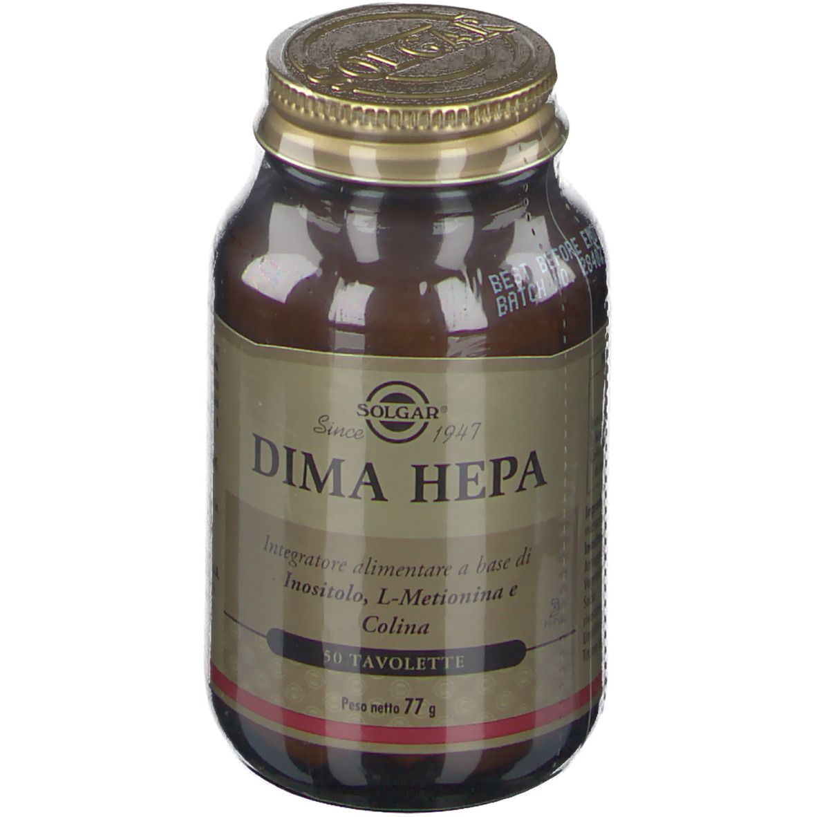 Flacone di vetro marrone con tappo dorato. Scritta: SOLGAR® Dima Hepa. 50 compresse.