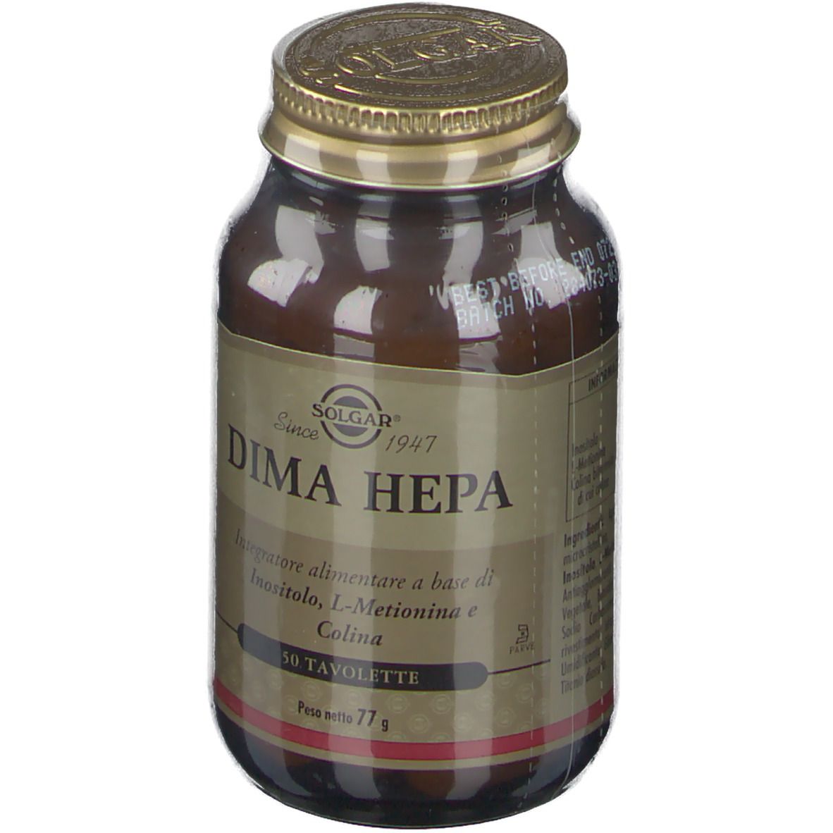 Flacone di vetro marrone con tappo dorato. Scritta: SOLGAR® Dima Hepa. 50 compresse.
