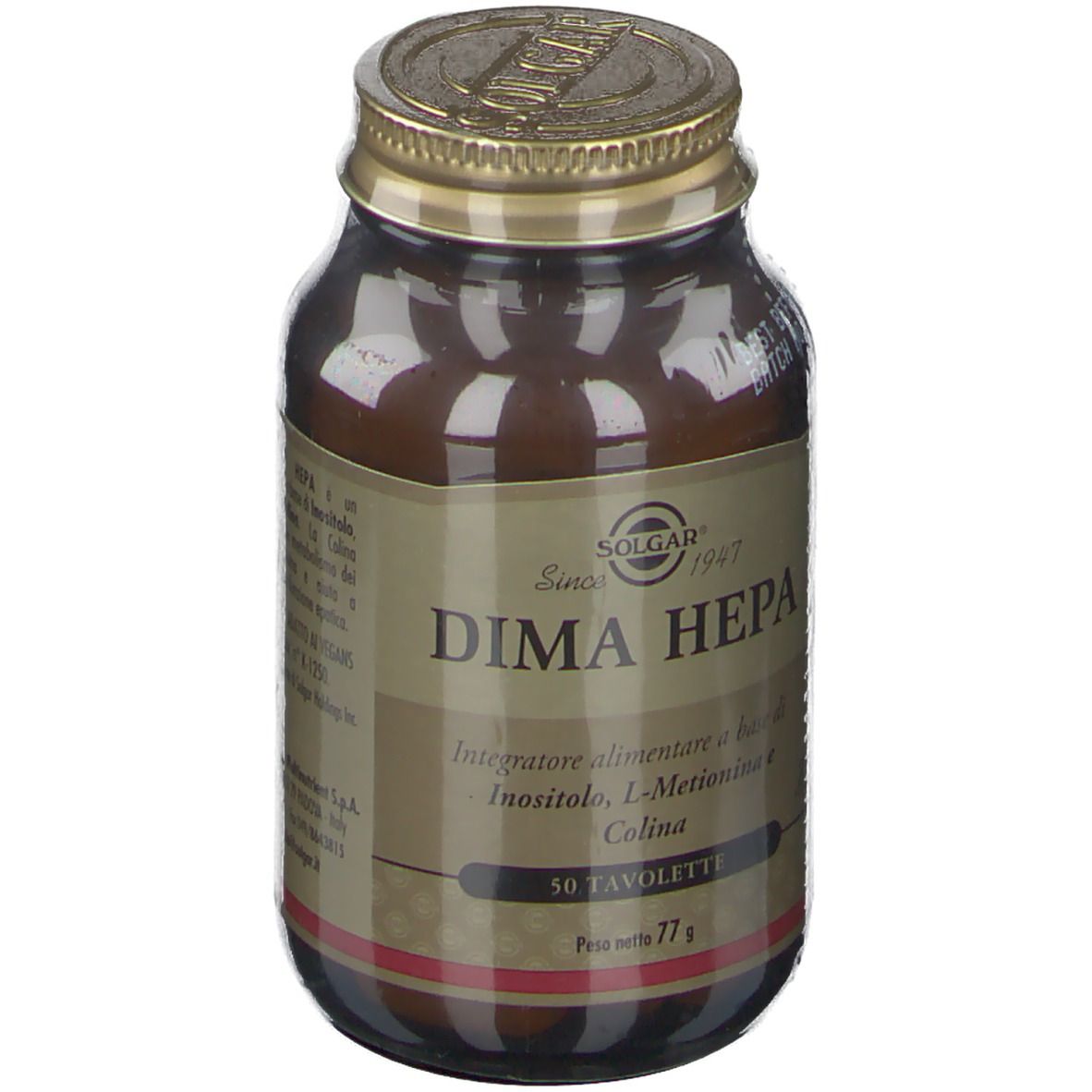 Flacone di vetro marrone con tappo dorato. Scritta: SOLGAR® Dima Hepa. 50 compresse.