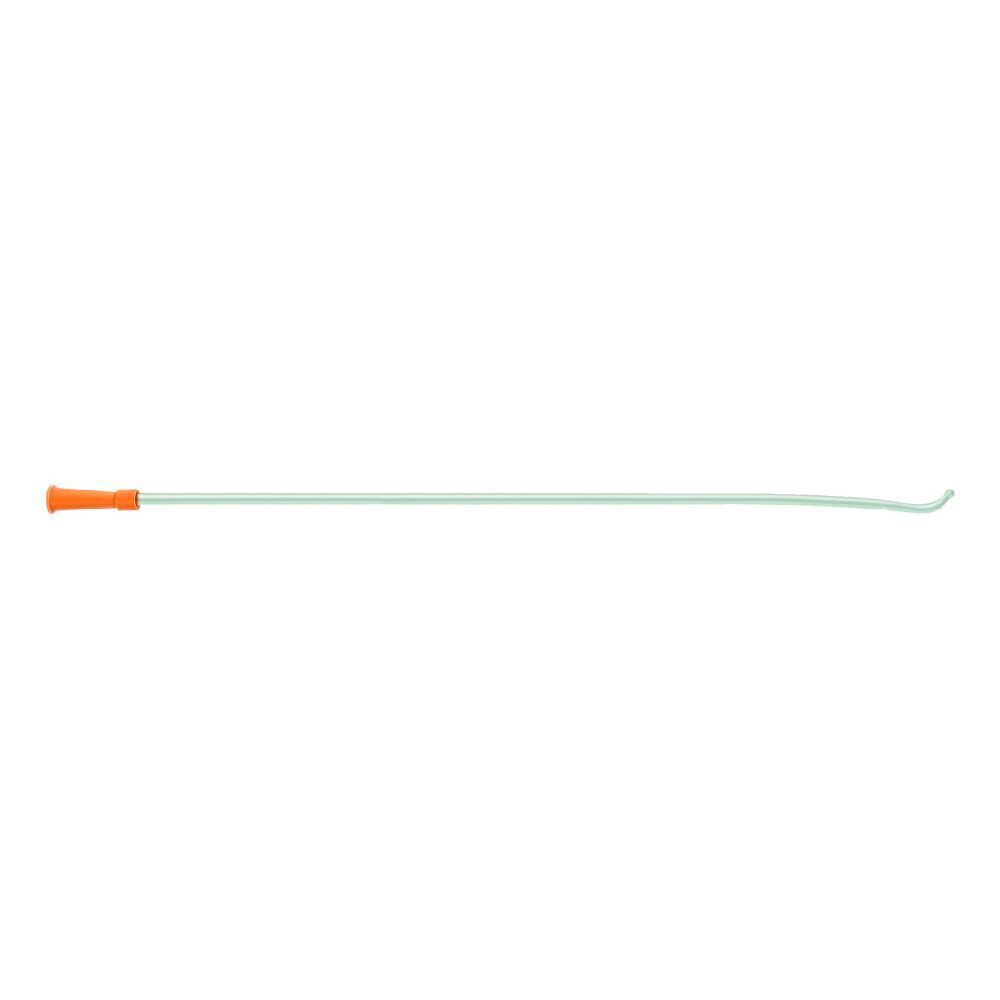 Catetere con punta curva e connettore arancione.