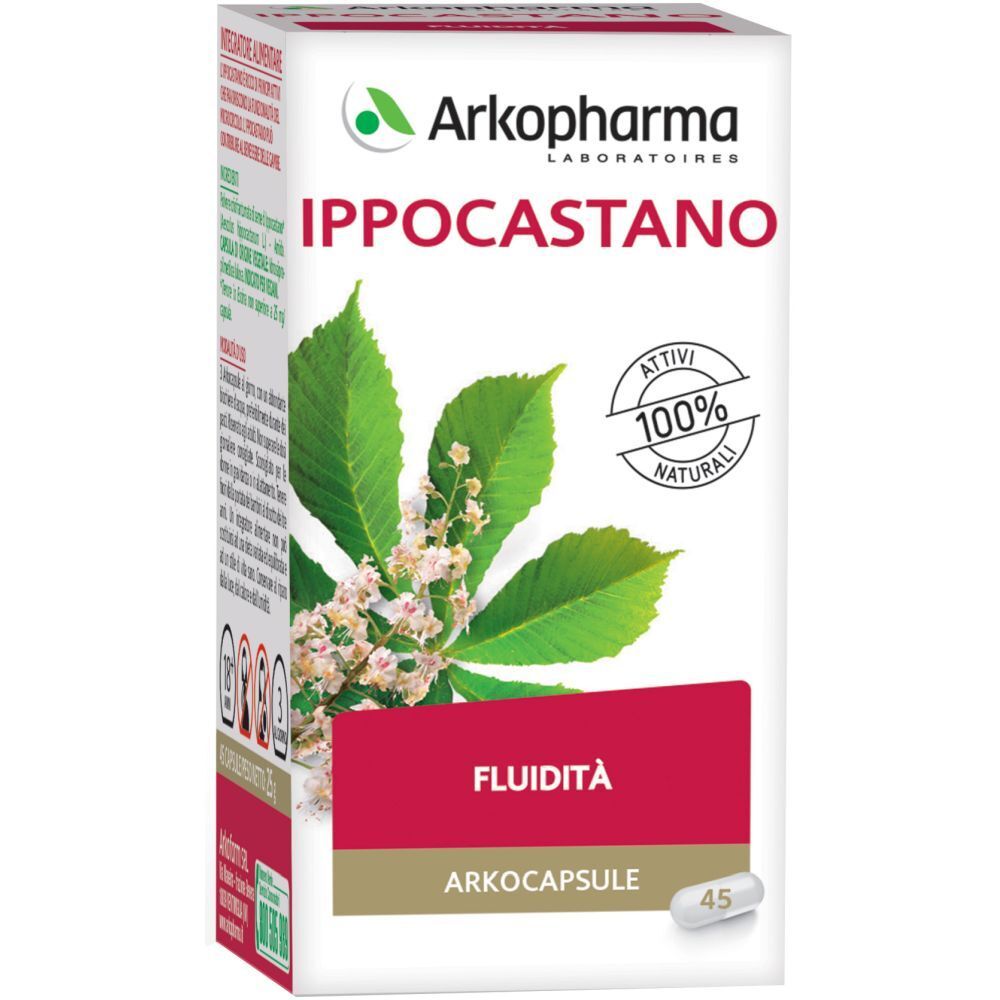 Scatola di capsule Arkopharma IPPOCASTANO. Scritte: Ippocastano, 45 capsule, 100% naturale.