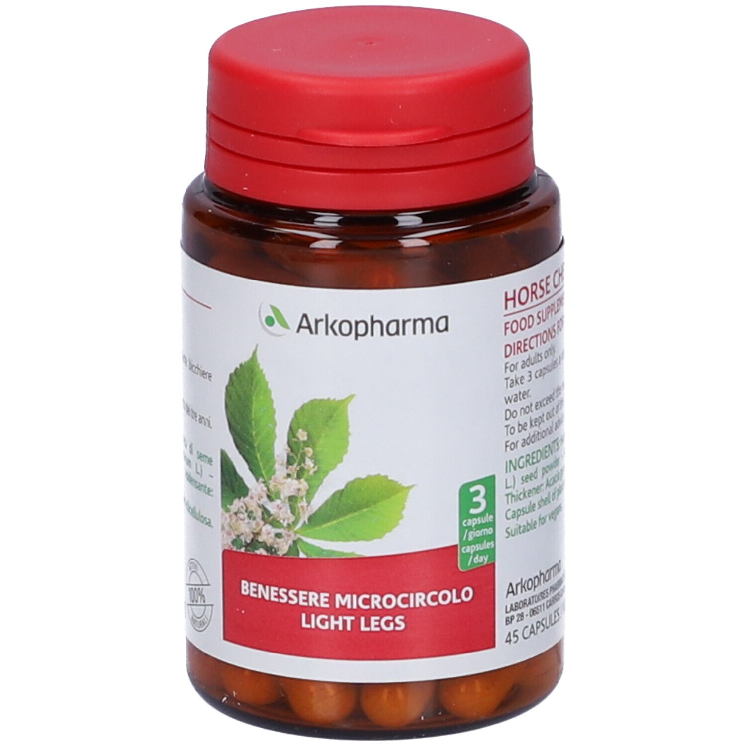 Flacone marrone con tappo rosso e capsule Arkopharma. Scritte: Horse Chestnut, 45 capsule, 3 capsule/giorno.