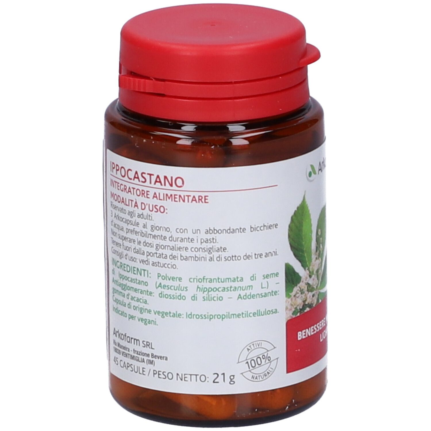 Retro del flacone marrone con tappo rosso e capsule Arkopharma. Scritte: Ippocastano, 45 capsule, 100% naturale.