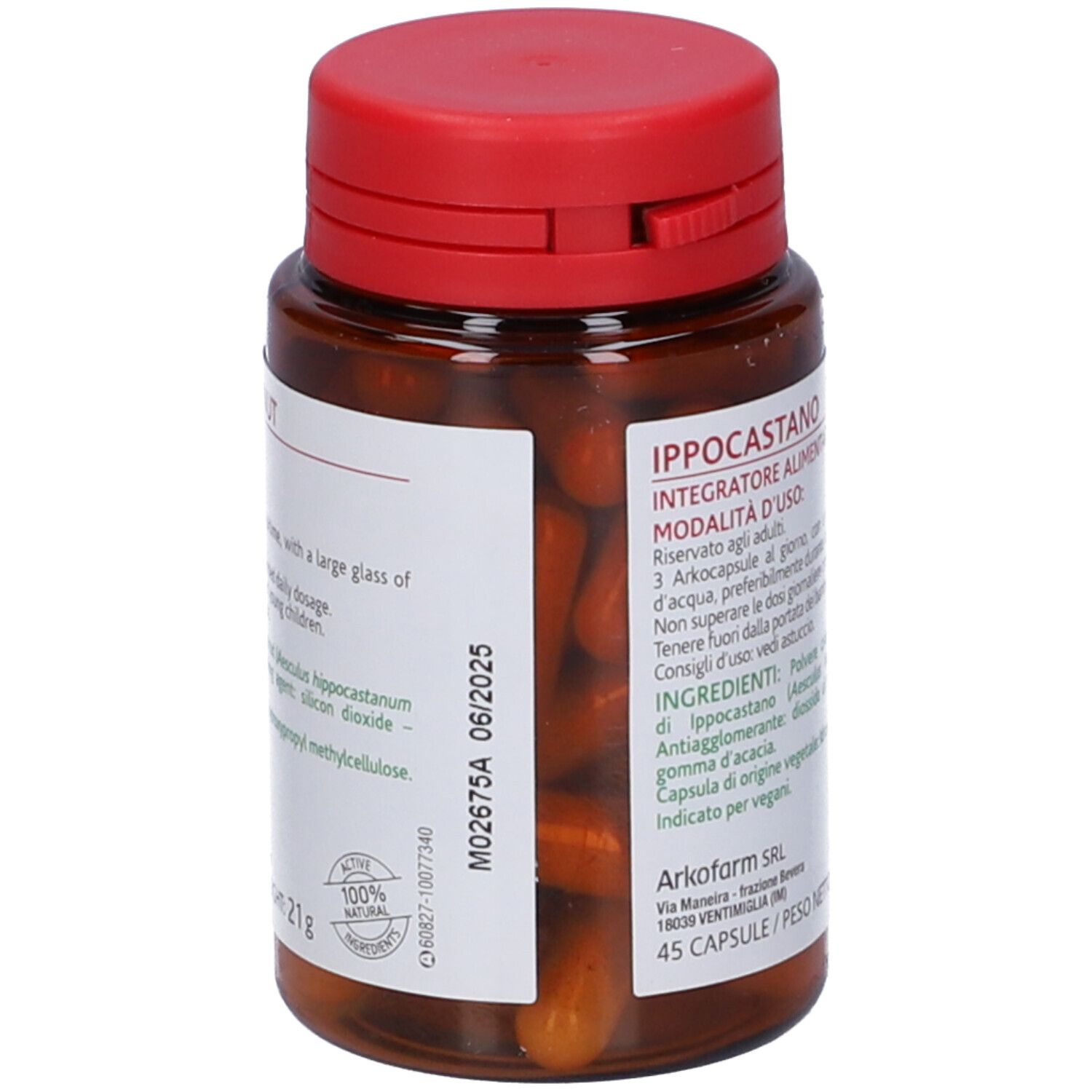 Flacone marrone con tappo rosso e capsule Arkopharma. Scritte: Ippocastano, 45 capsule, scadenza 06/2025.