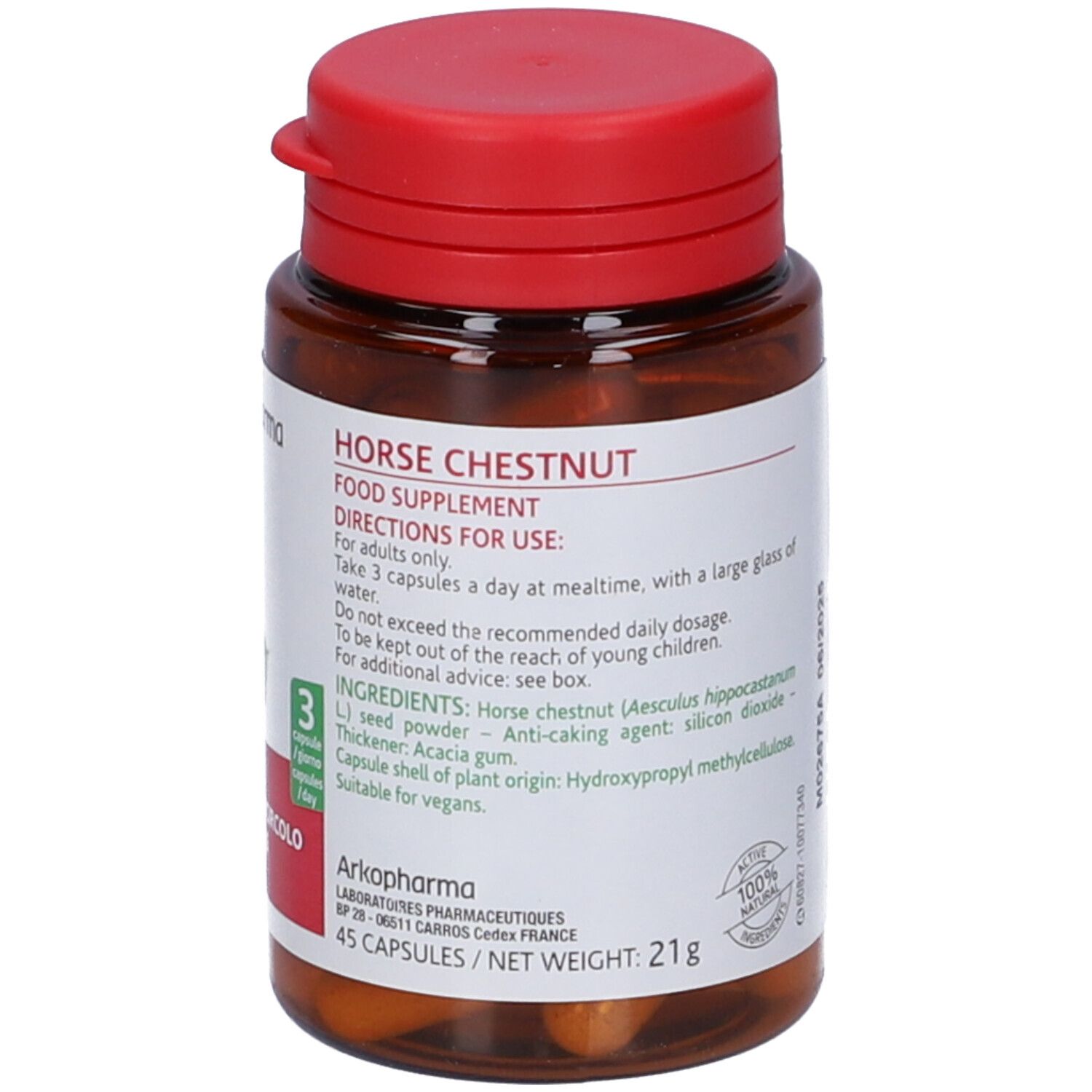 Flacone marrone con tappo rosso e capsule Arkopharma. Scritte: Horse Chestnut, 45 capsule, 3 capsule/giorno.