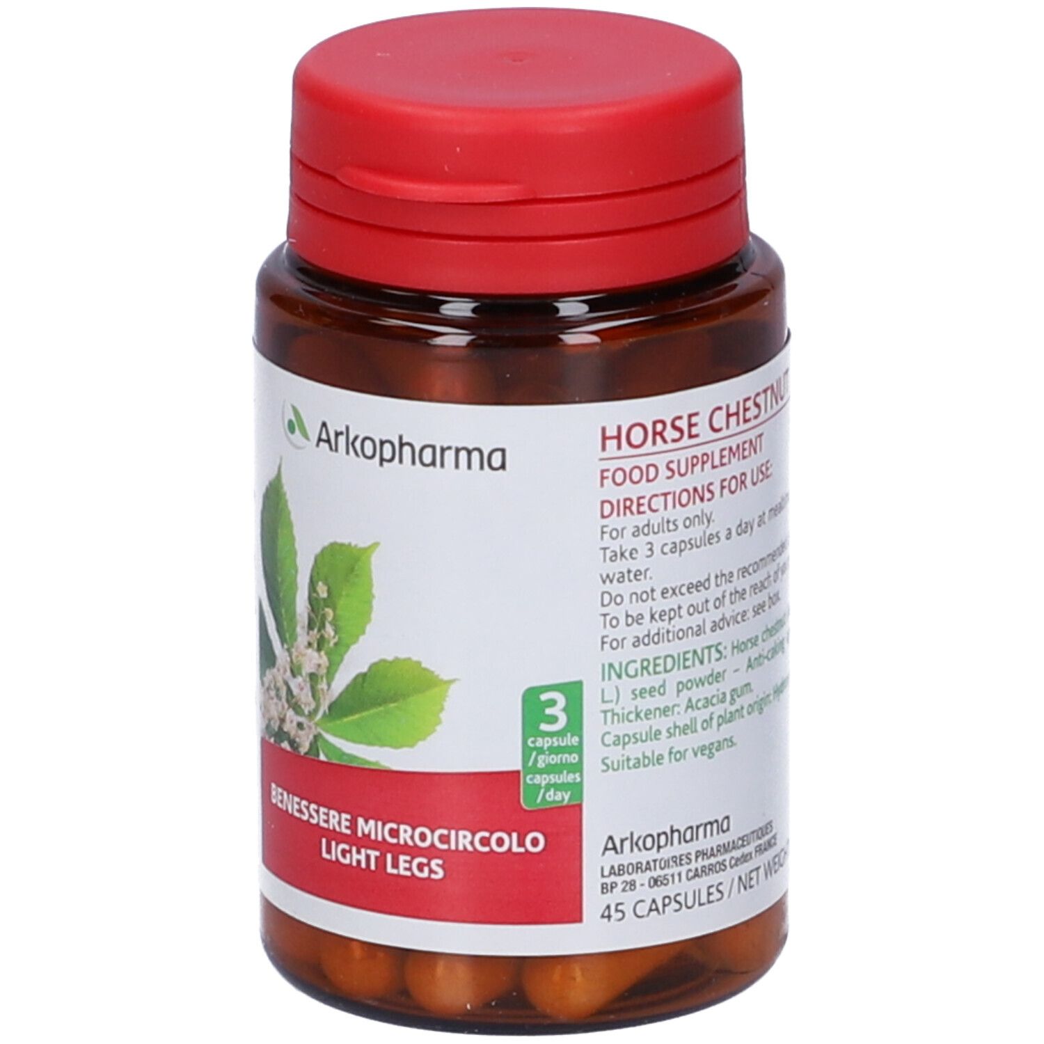 Flacone marrone con tappo rosso e capsule Arkopharma. Scritte: Horse Chestnut, 45 capsule, 3 capsule/giorno.