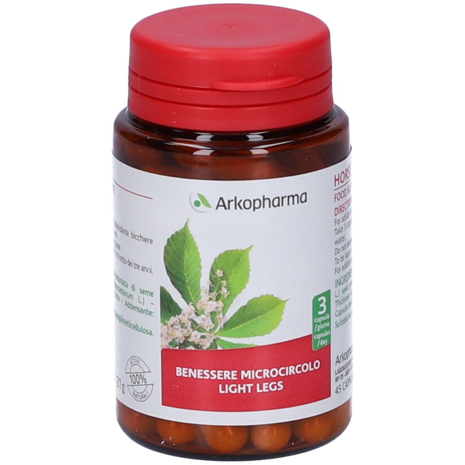 Flacone marrone con tappo rosso e capsule Arkopharma. Scritte: 3 capsule/giorno, 45 capsule, 100% naturale.
