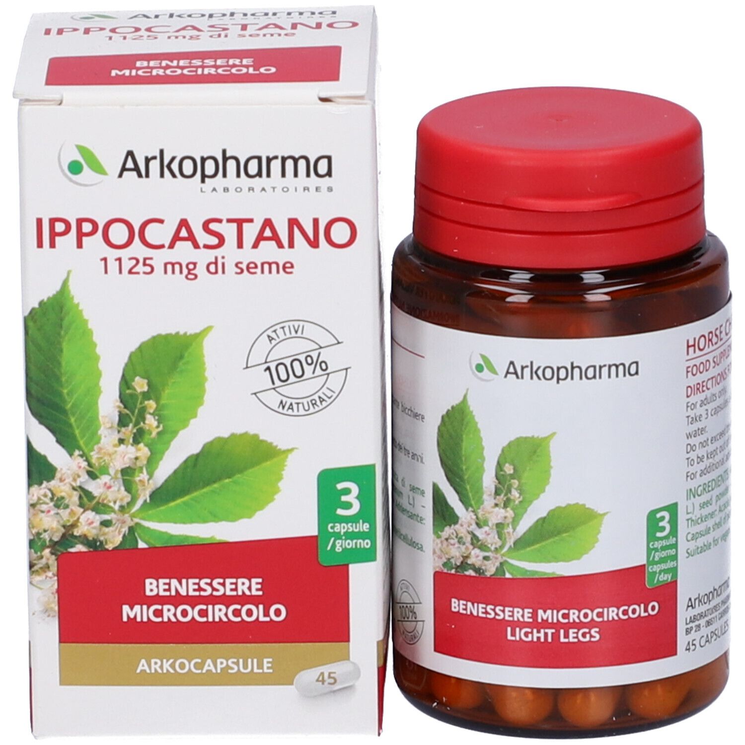 Confezione del prodotto con flacone e scatola. Scritte: Arkopharma, Ippocastano, 45 capsule, 3 capsule/giorno.