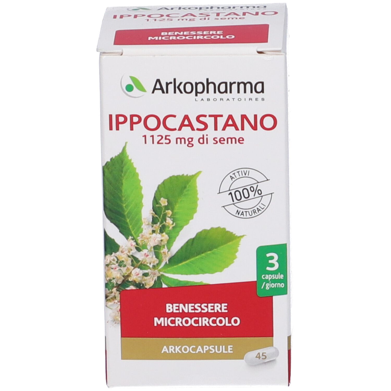 Scatola di capsule Arkopharma IPPOCASTANO. Scritte: Ippocastano, 45 capsule, 3 capsule/giorno.