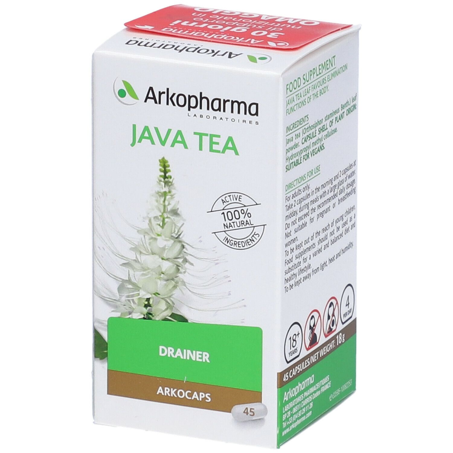Scatola Arkopharma Java Tea. Contiene 45 capsule. Stampato. Ingredienti naturali al 100%.