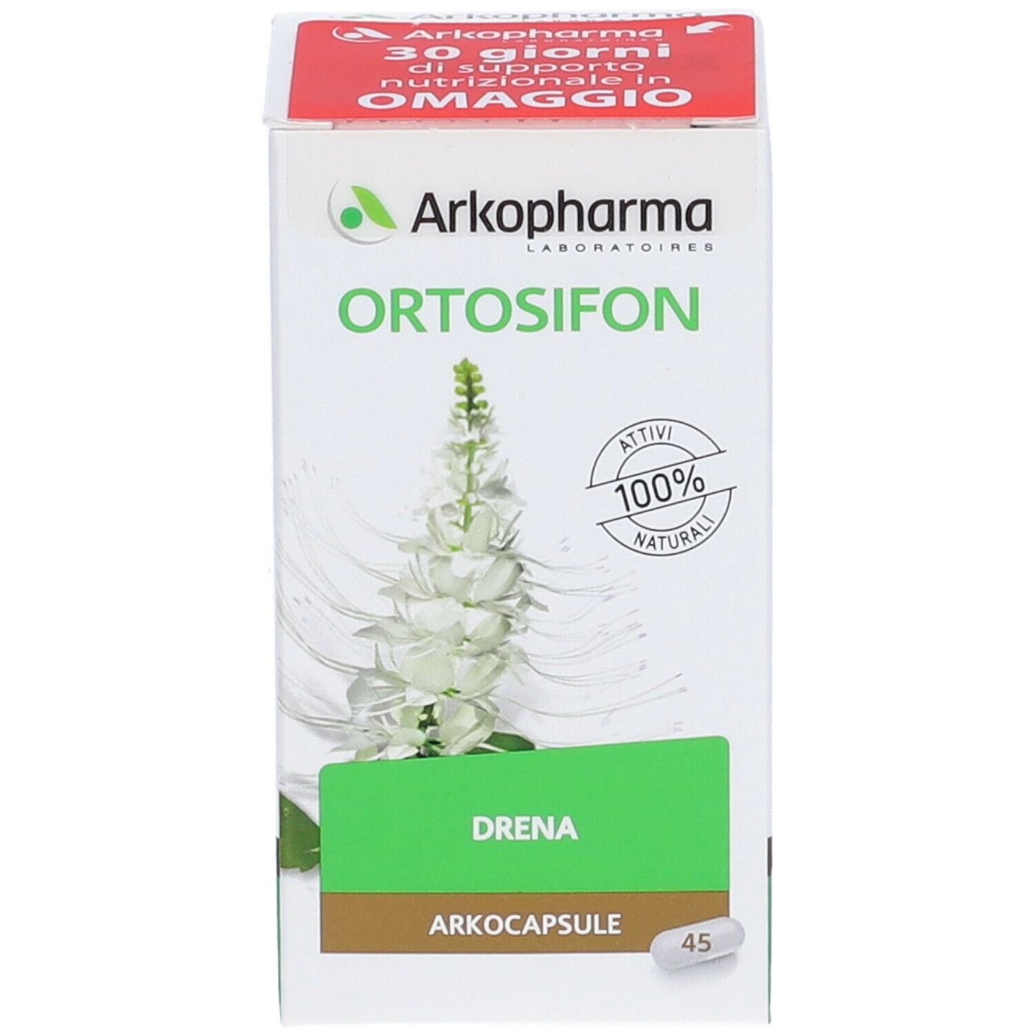 Scatola Arkopharma Ortosifon. Contiene 45 capsule. 100% naturale. Con omaggio.
