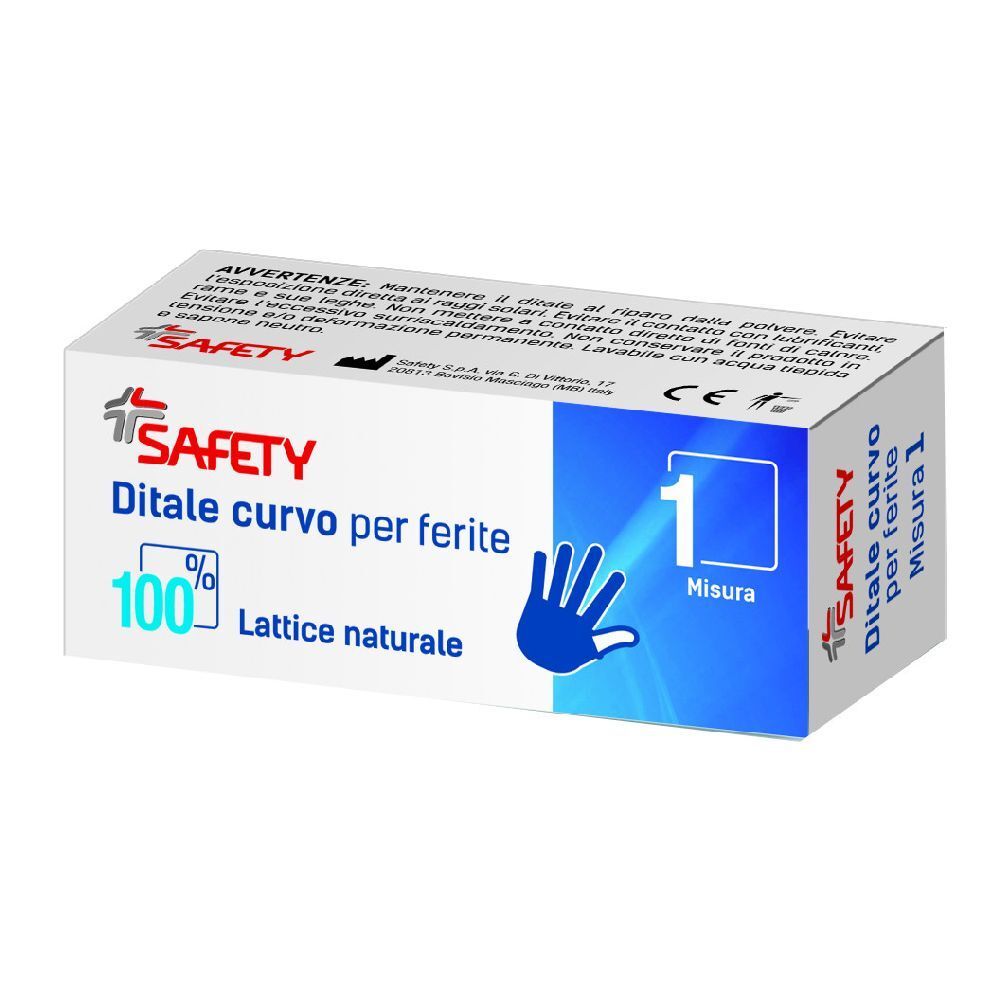 Scatola con informazioni sul prodotto. Scritto: Safety, Ditale curvo per ferite, 100% Lattice naturale, Misura 1.