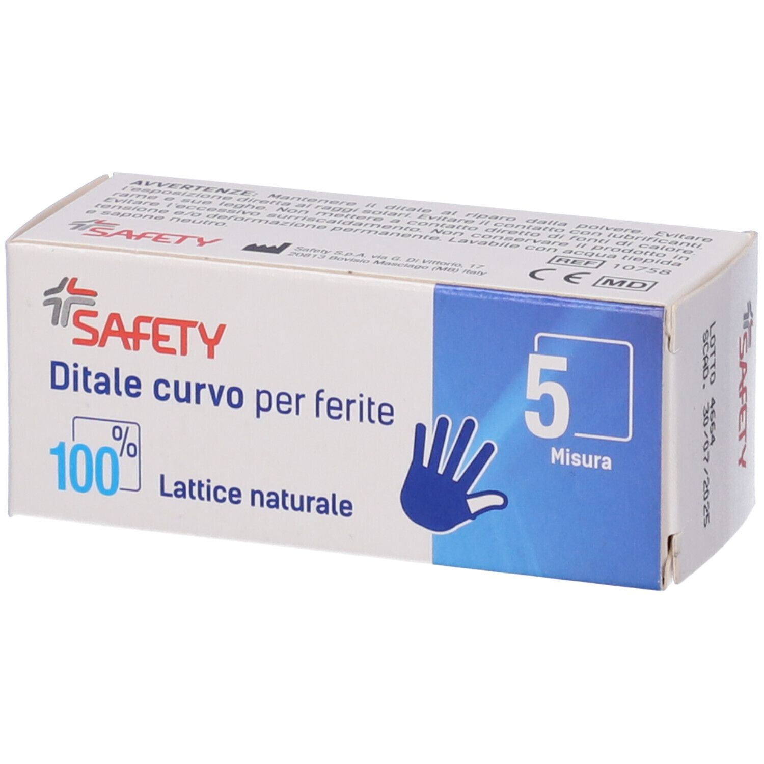 Scatola con informazioni sul prodotto. Scritto: Safety, Ditale curvo per ferite, 100% Lattice naturale, Misura 5.
