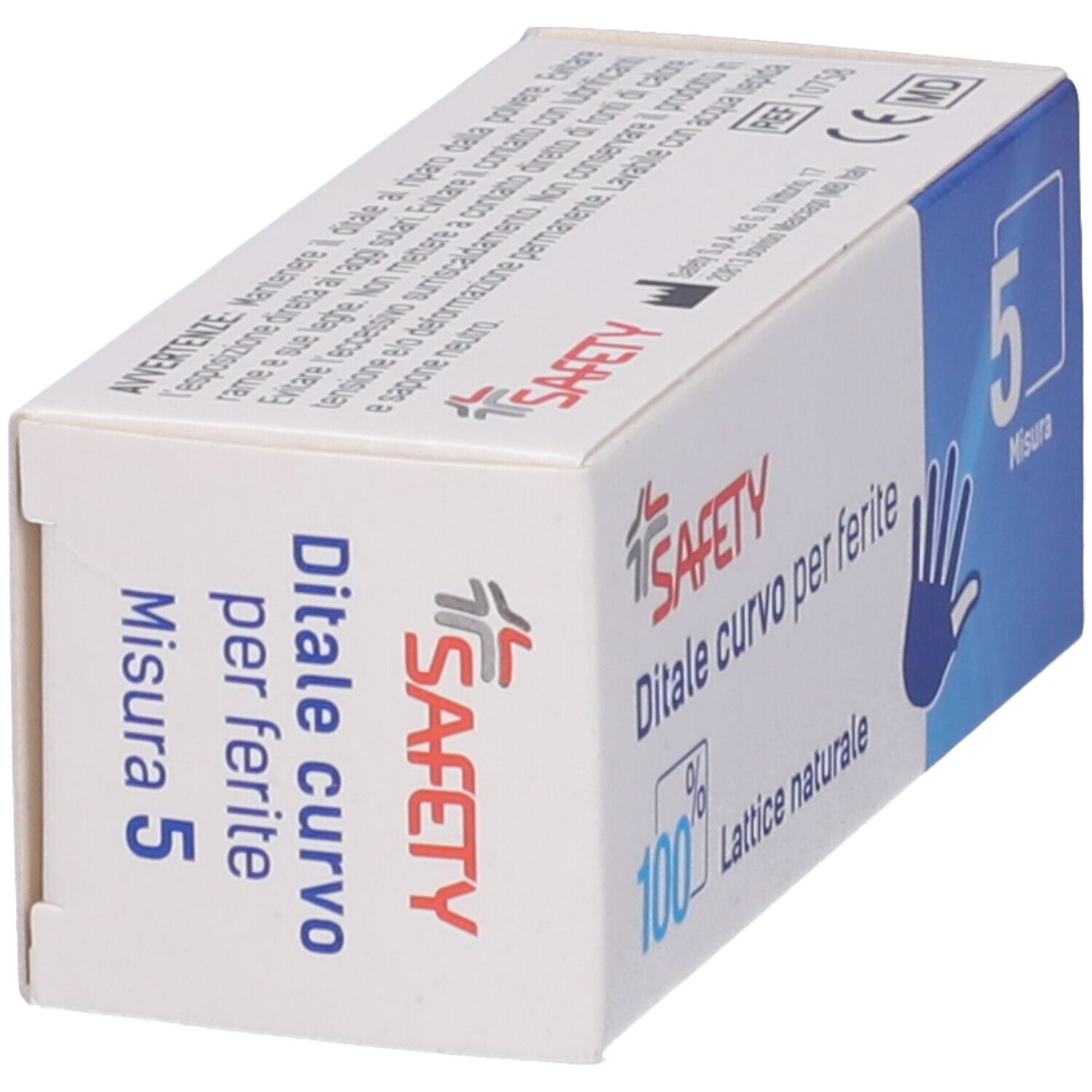 Scatola con informazioni sul prodotto. Scritto: Safety, Ditale curvo per ferite, 100% Lattice naturale, Misura 5.