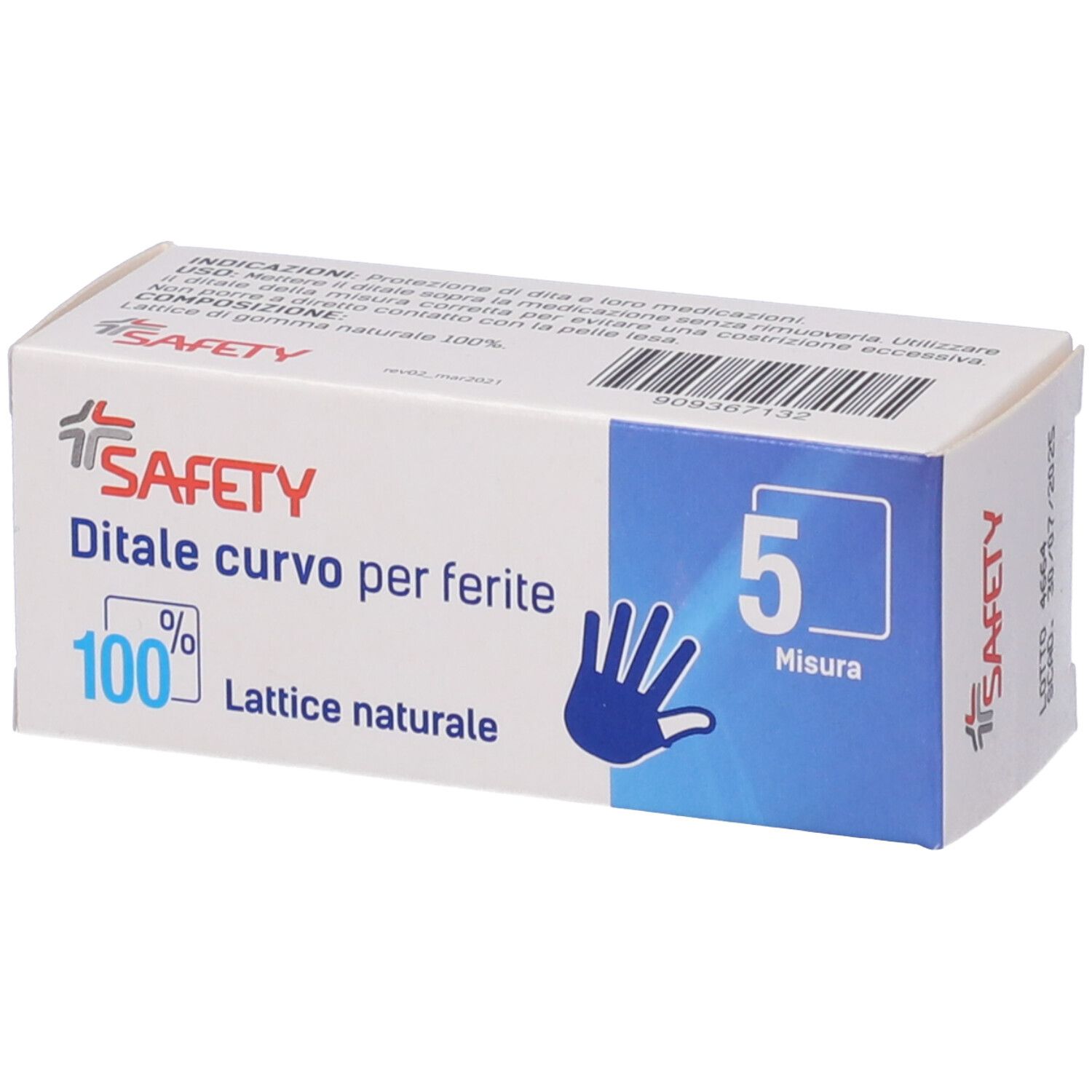 Scatola con informazioni sul prodotto. Scritto: Safety, Ditale curvo per ferite, 100% Lattice naturale, Misura 5.