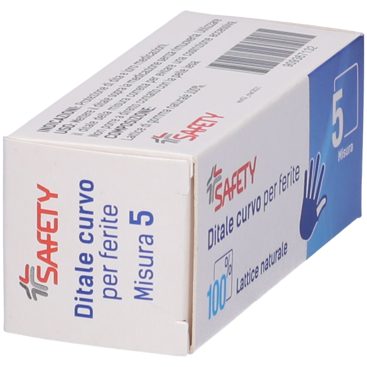 Scatola con informazioni sul prodotto. Scritto: Safety, Ditale curvo per ferite, 100% Lattice naturale, Misura 5.