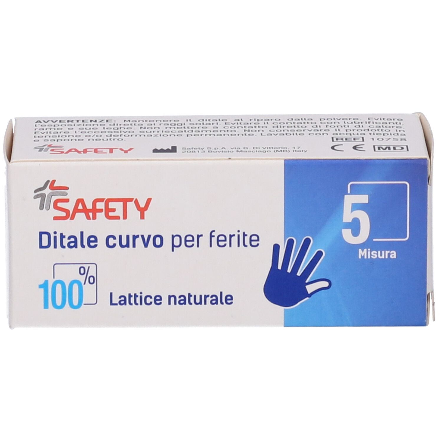 Scatola con informazioni sul prodotto. Scritto: Safety, Ditale curvo per ferite, 100% Lattice naturale, Misura 5.