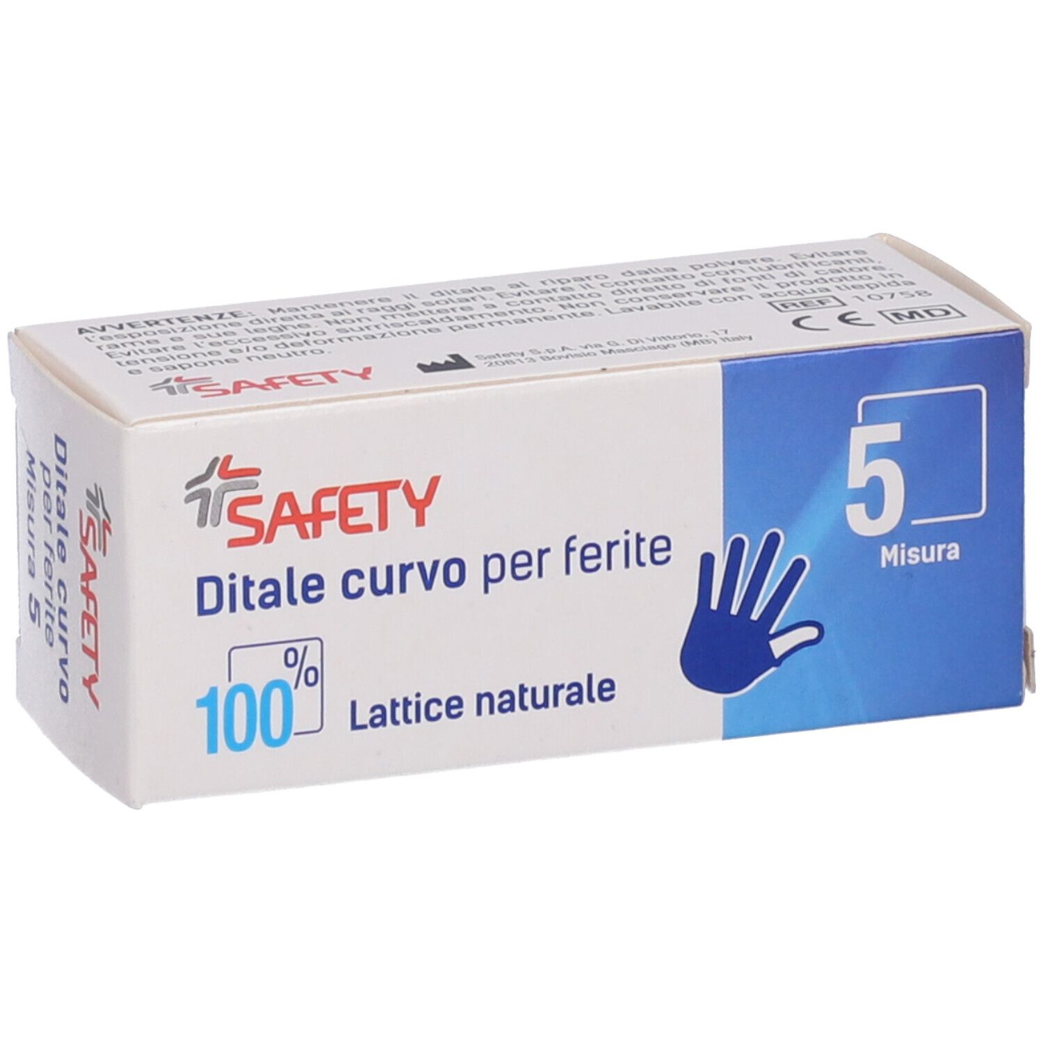 Scatola con informazioni sul prodotto. Scritto: Safety, Ditale curvo per ferite, 100% Lattice naturale, Misura 5.
