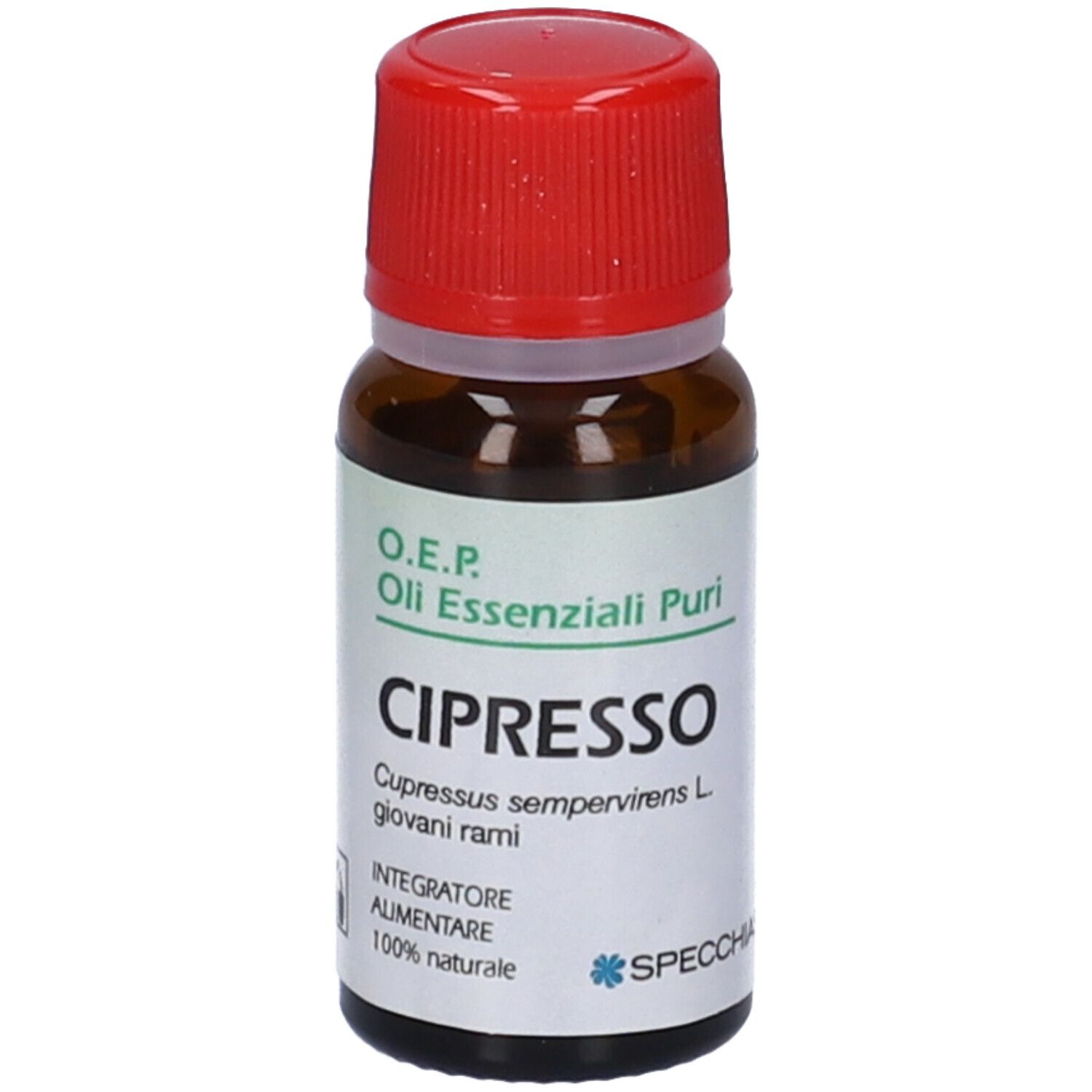 Flacone di vetro marrone con tappo rosso. Scritta: Cipresso, Olio Essenziali Puri. Marchio: Specchiasol.