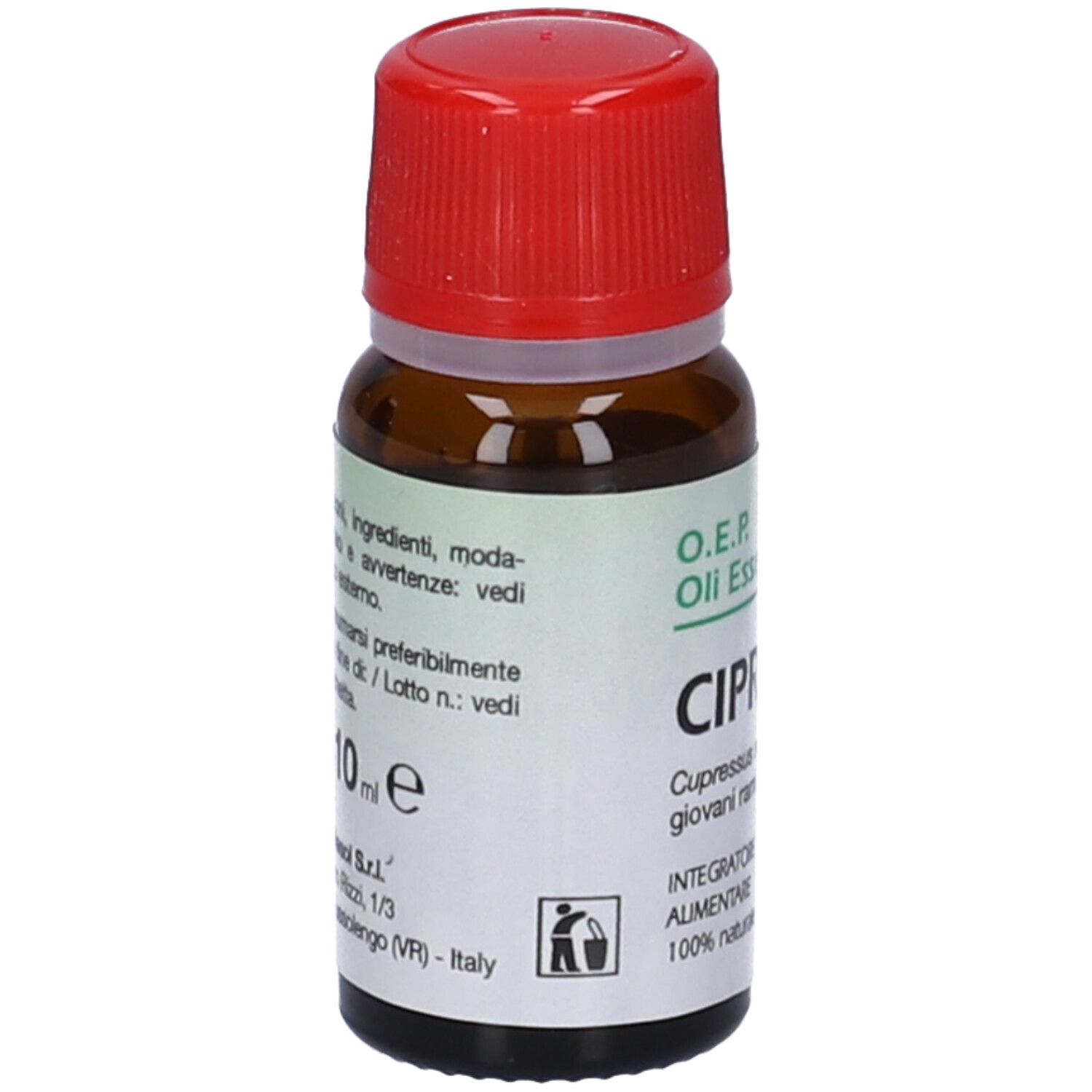 Flacone di vetro marrone con tappo rosso. Scritta: Cipresso, Olio Essenziali Puri. Volume: 10 ml.