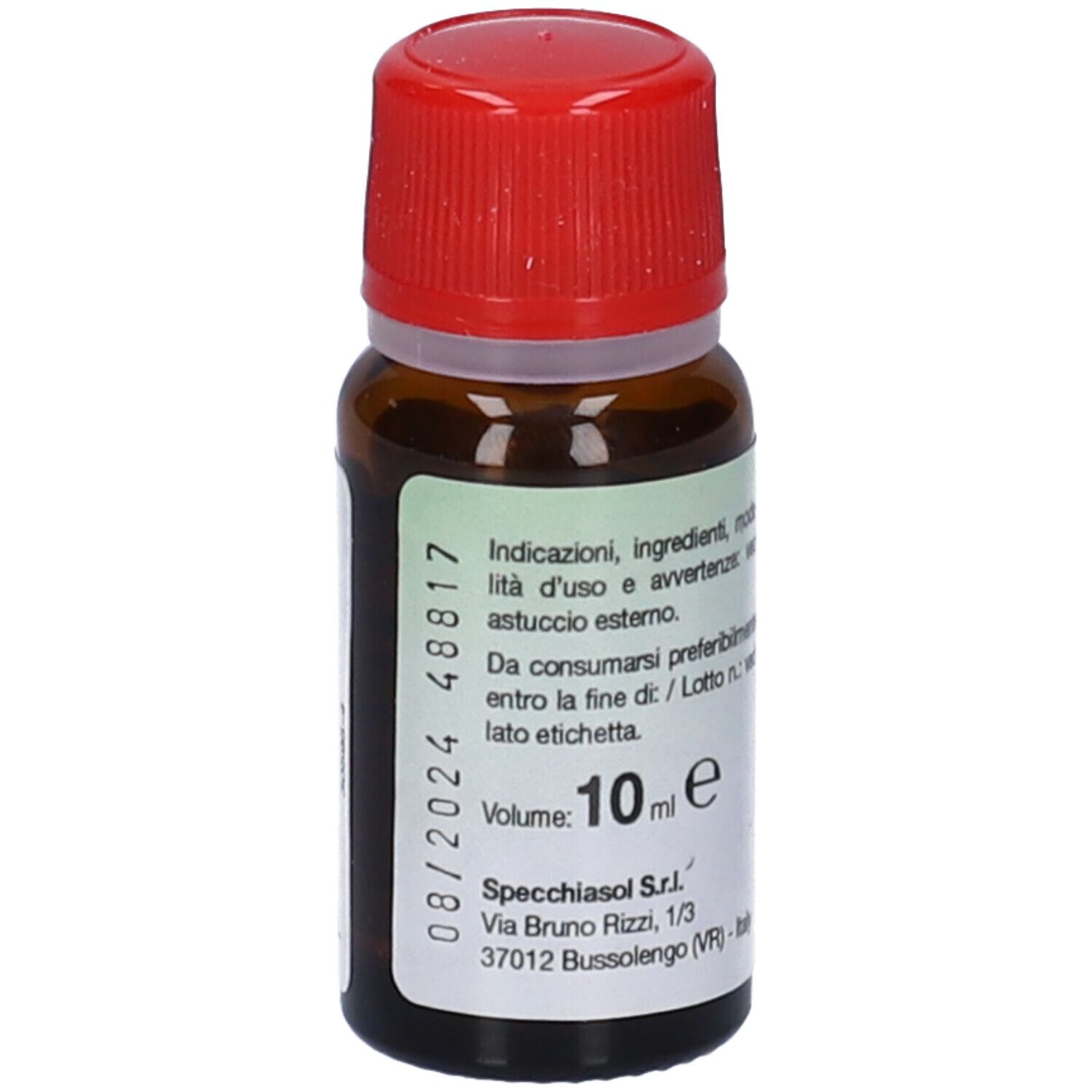 Flacone vetro marrone con tappo rosso. Scritta: Cipresso, Olio Essenziali Puri. Volume: 10 ml. Scadenza.