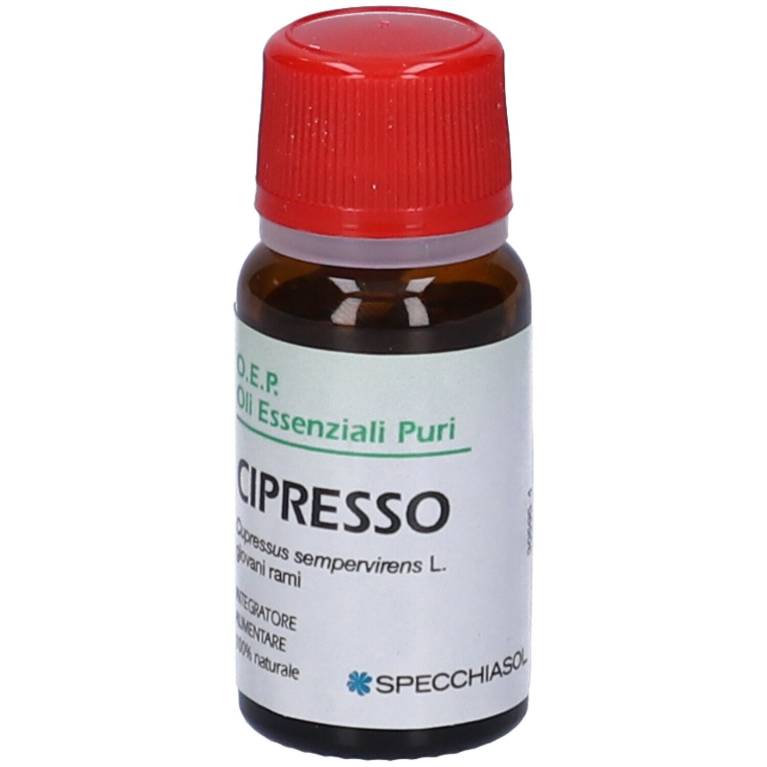 Flacone di vetro marrone con tappo rosso. Scritta: Cipresso, Olio Essenziali Puri. Marchio: Specchiasol.
