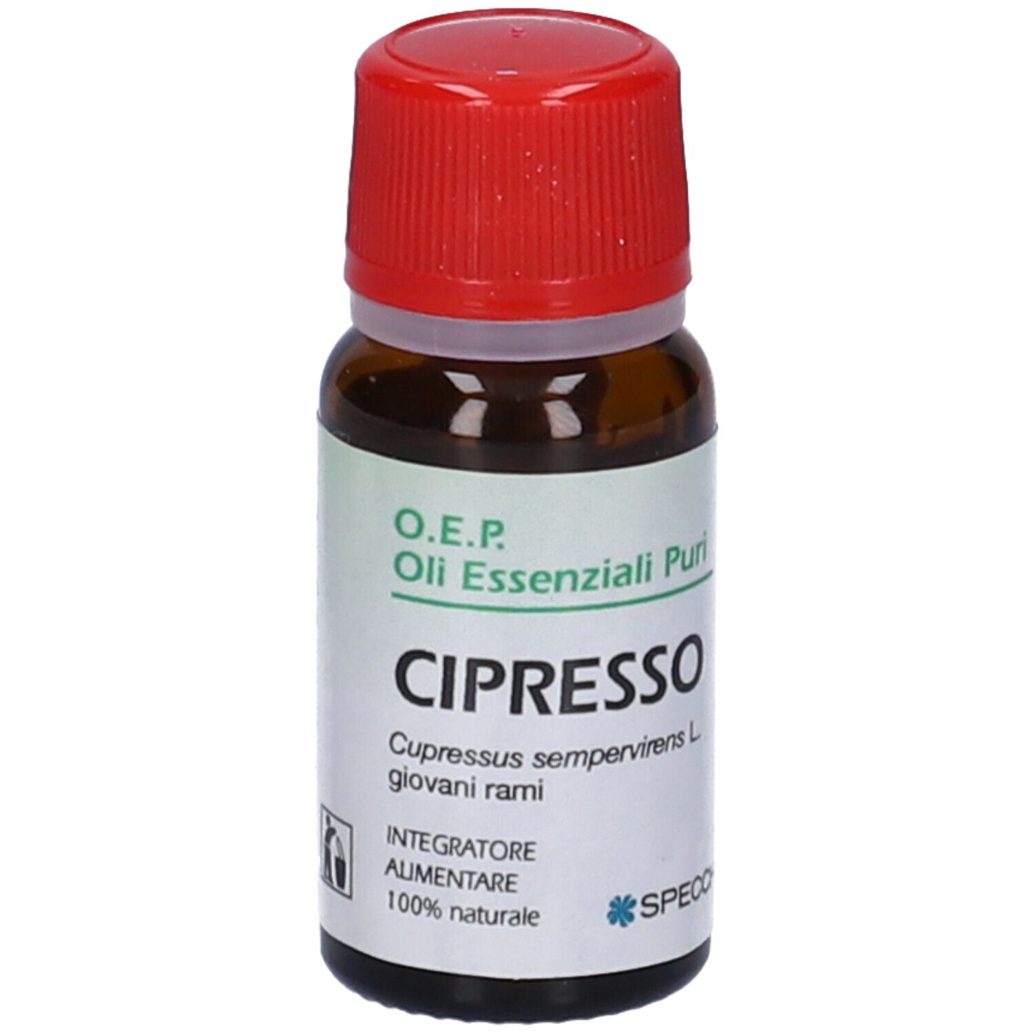 Flacone di vetro marrone con tappo rosso. Scritta: Cipresso, Olio Essenziali Puri. Marchio: Specchiasol.