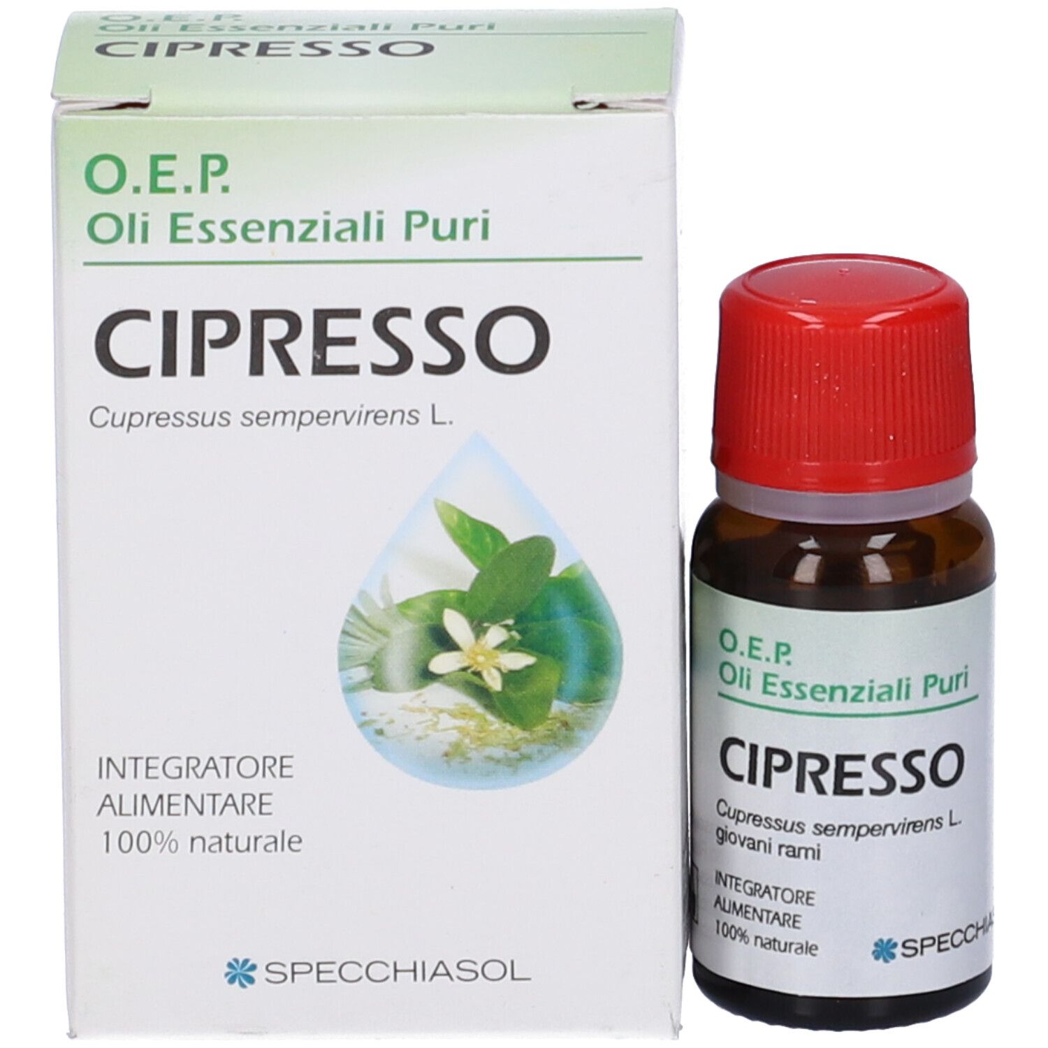 Flacone di vetro marrone e scatola. Scritta: Cipresso, Olio Essenziali Puri. Marchio: Specchiasol.