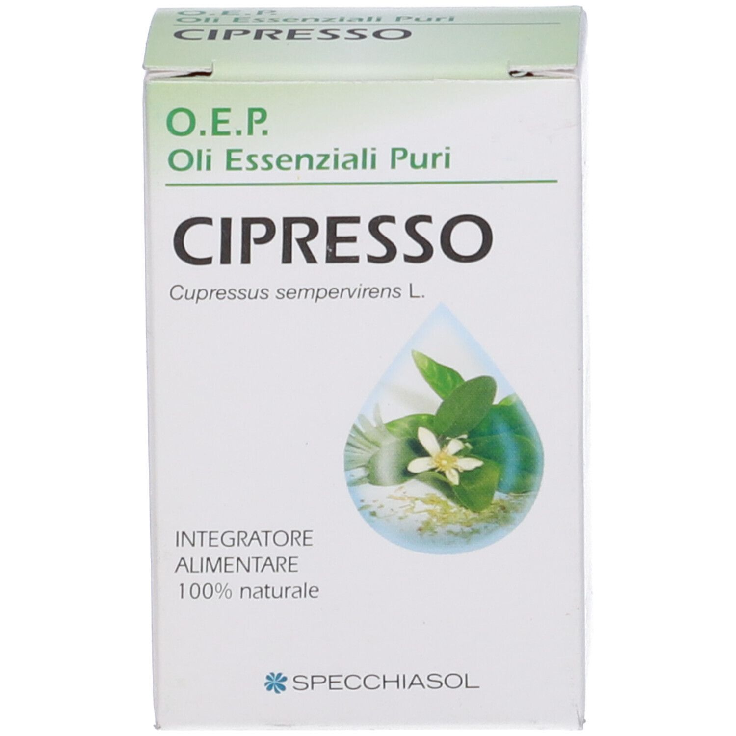 Scatola bianca. Scritta: Cipresso, Olio Essenziali Puri. Marchio: Specchiasol.