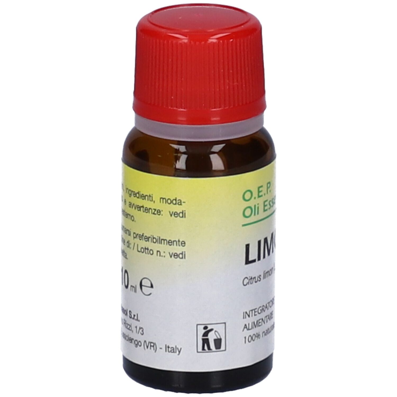 Flacone di vetro marrone con tappo rosso. Etichetta: Limone, Citrus limon. Volume: 10 ml. Marchio: Specchiasol.