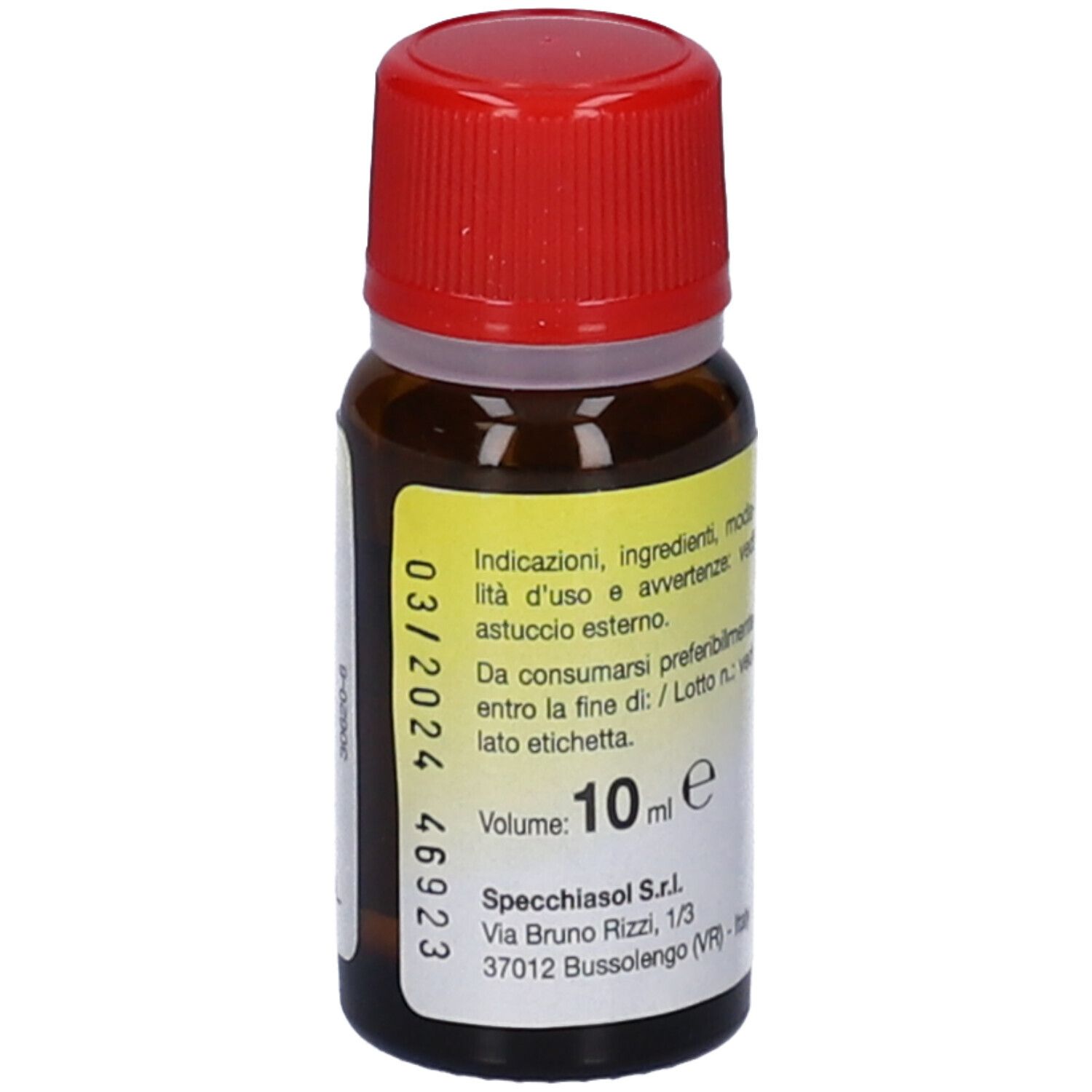 Flacone di vetro marrone con tappo rosso. Etichetta: Limone, Citrus limon. Volume: 10 ml. Scadenza: 03/2024. Marchio: Specchiasol.