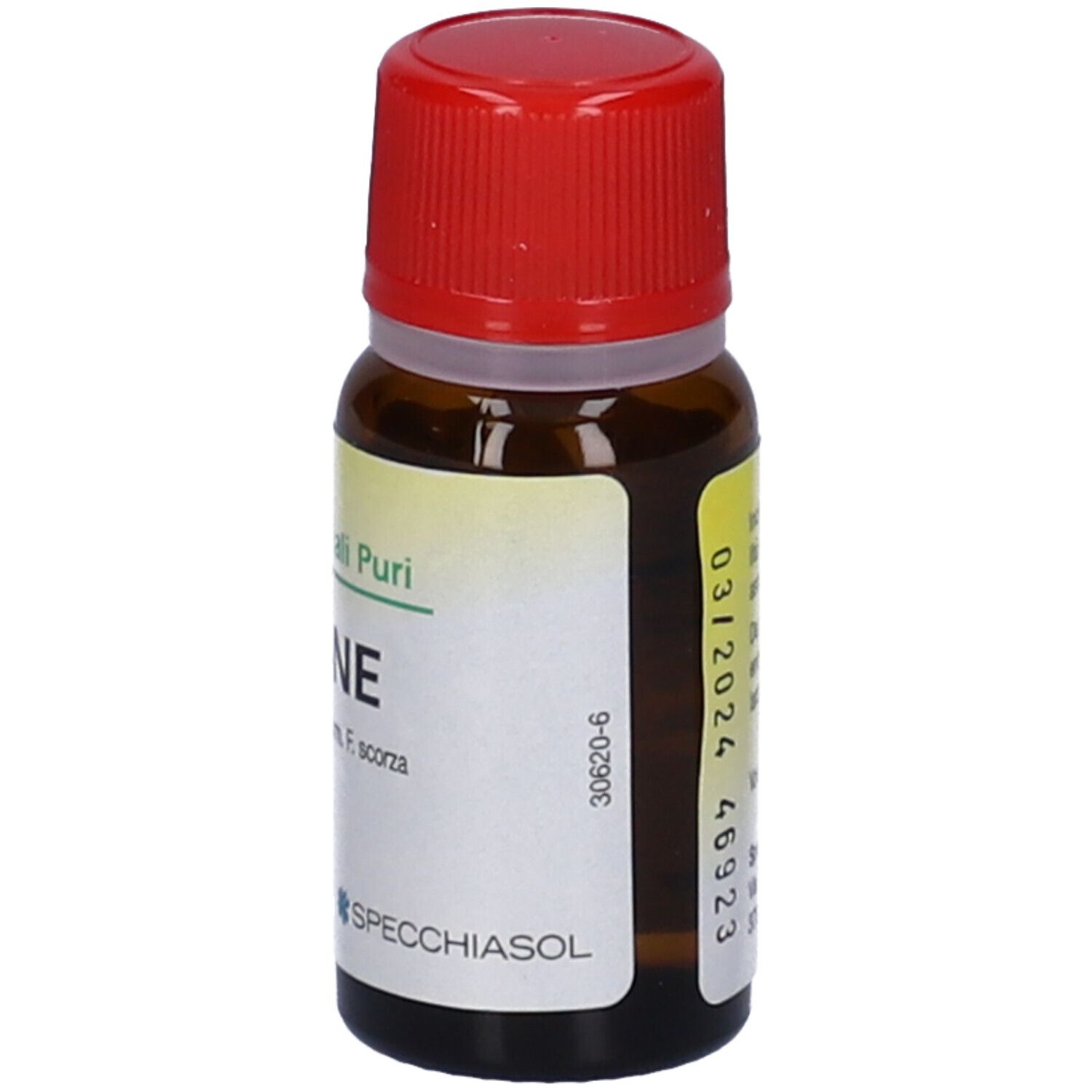 Flacone di vetro marrone con tappo rosso. Etichetta: Limone, Citrus limon. Volume: 10 ml. Scadenza: 03/2024. Marchio: Specchiasol.