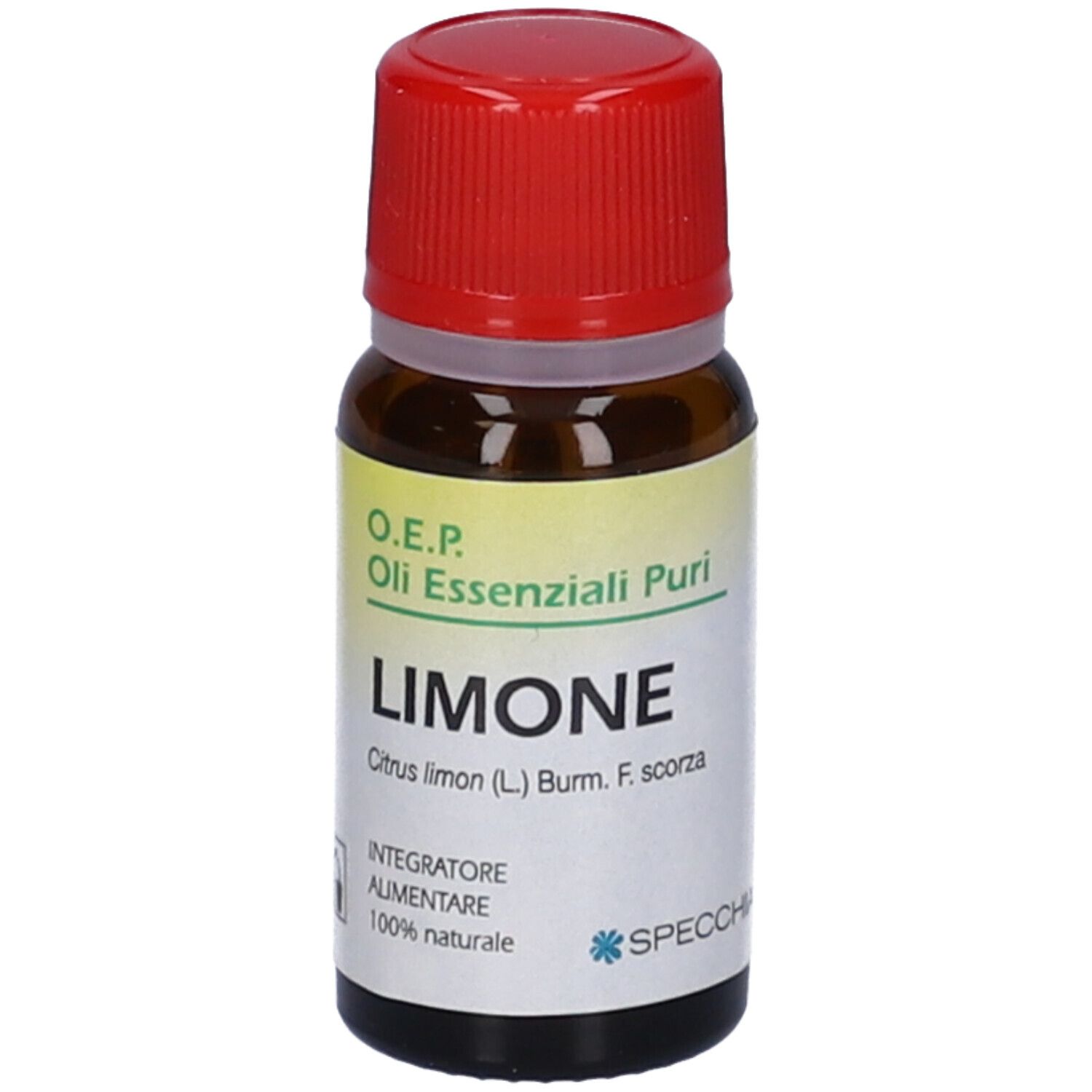 Flacone di vetro marrone con tappo rosso. Etichetta: Limone, Citrus limon. Volume: 10 ml. Marchio: Specchiasol.