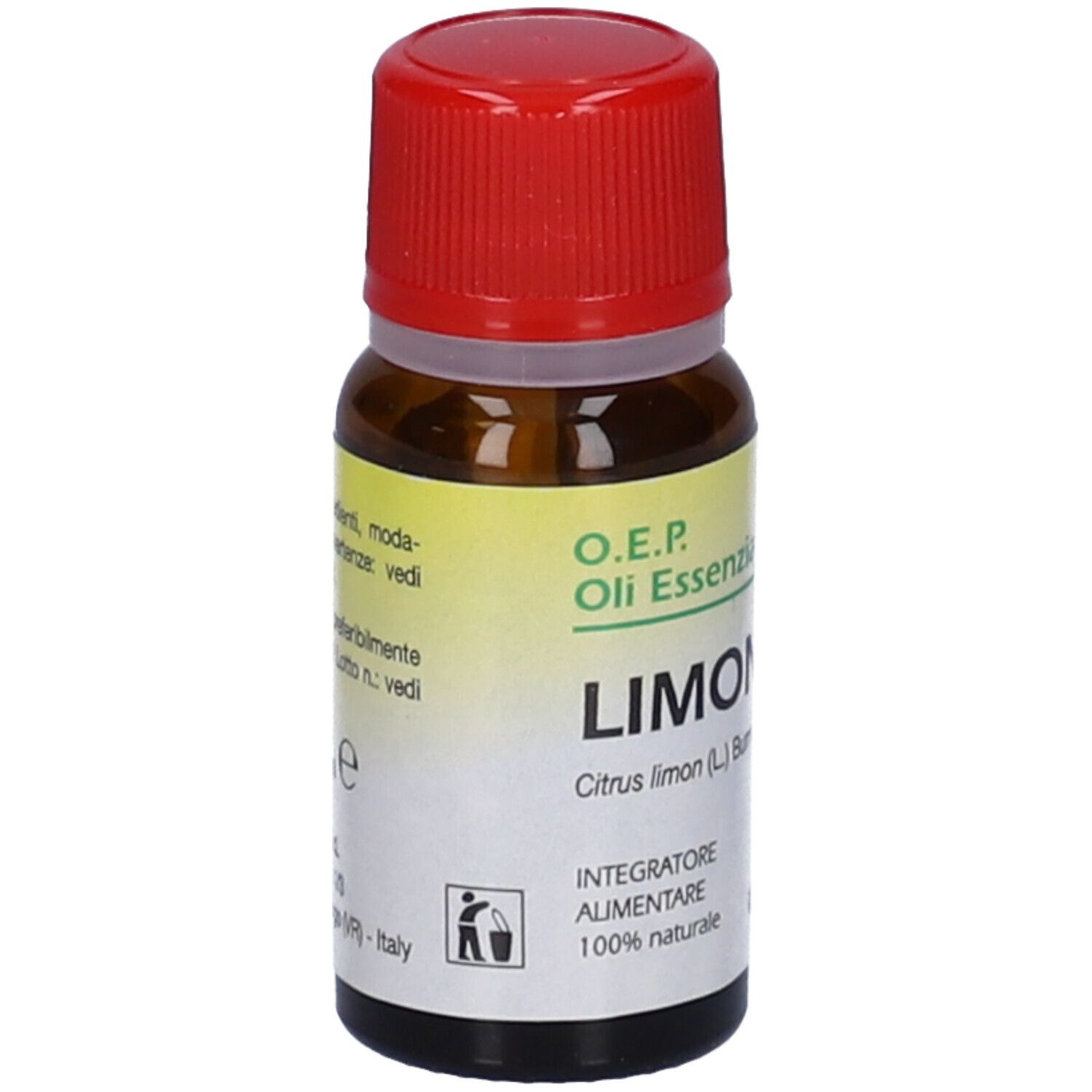 Flacone di vetro marrone con tappo rosso. Etichetta: Limone, Citrus limon. Volume: 10 ml. Marchio: Specchiasol.