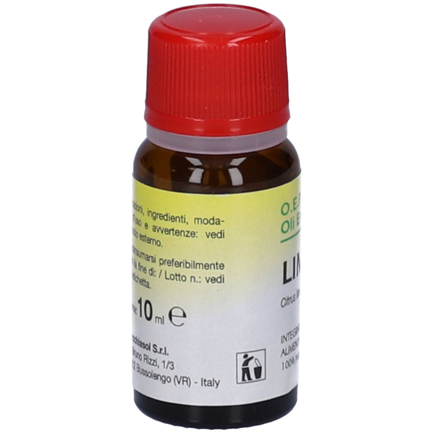 Flacone di vetro marrone con tappo rosso. Etichetta: Limone, Citrus limon. Volume: 10 ml. Marchio: Specchiasol.