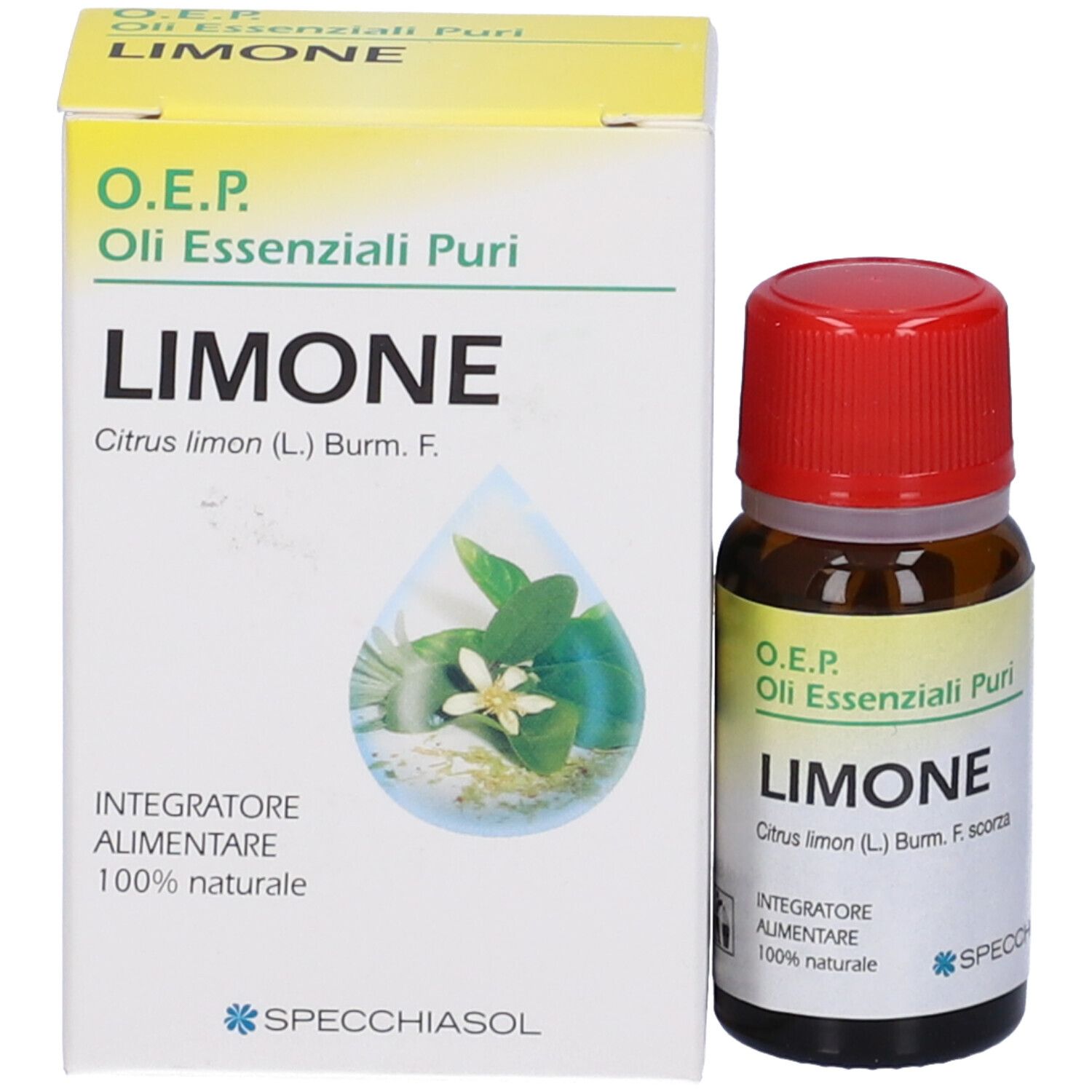 Flacone di vetro marrone con tappo rosso e scatola. Etichetta e confezione: Limone, Citrus limon. Marchio: Specchiasol.