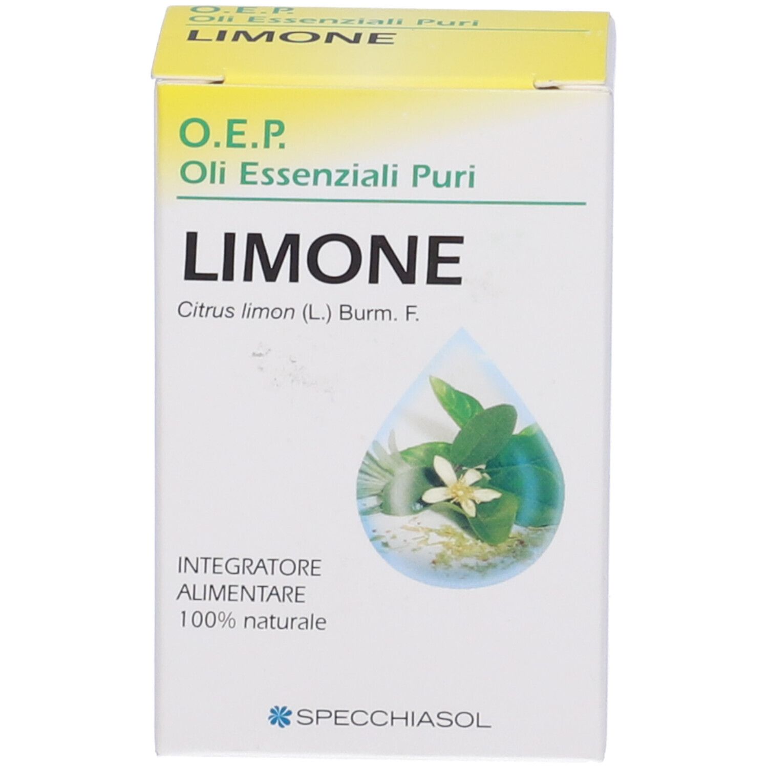 Scatola con la scritta Limone, Citrus limon. Marchio: Specchiasol. Sulla scatola è raffigurata un'immagine di foglie di limone.