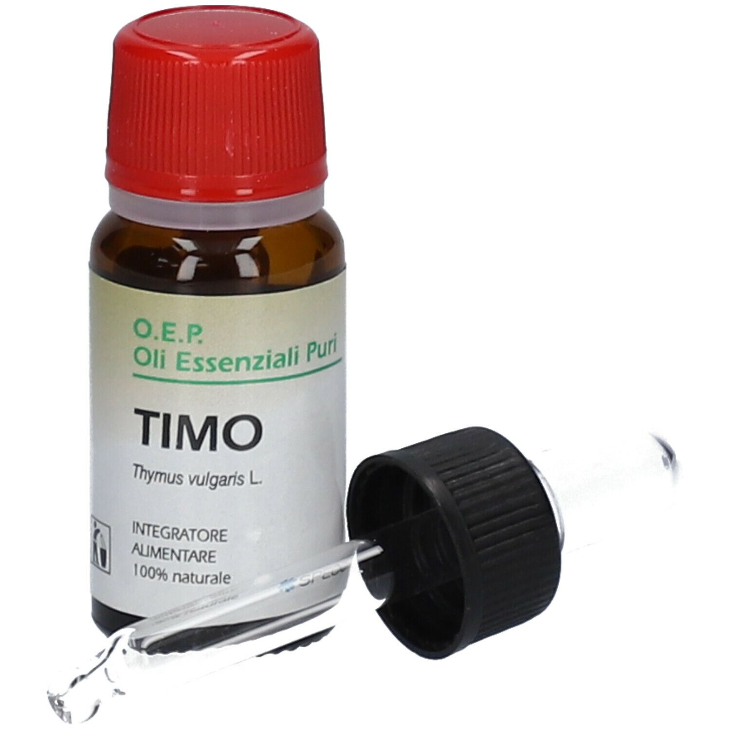 Flacone di vetro marrone con tappo rosso e pipetta. Scritta: Timo. Marchio SPECCHIASOL.