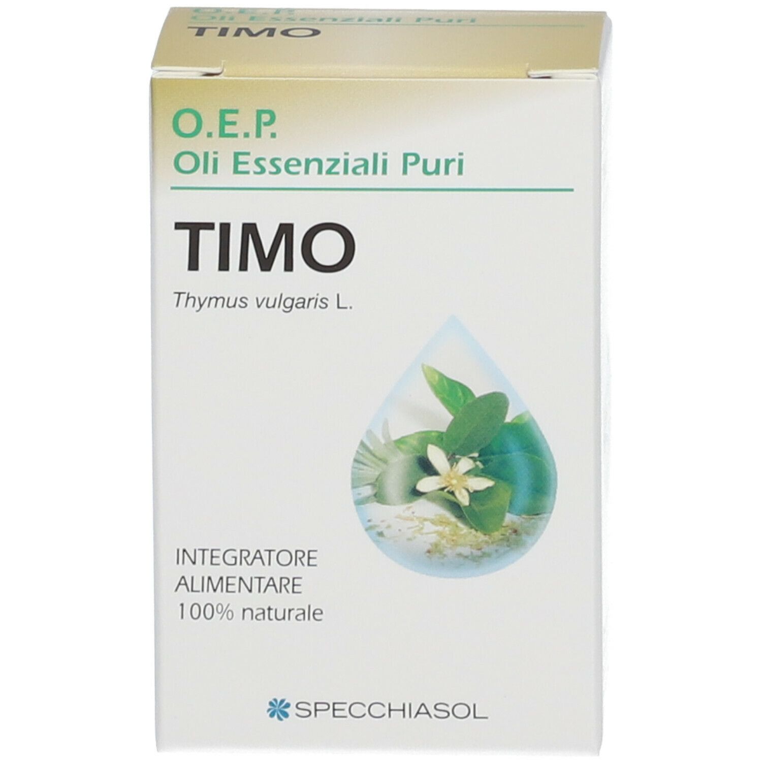 Scatola con scritta: Timo. Marchio SPECCHIASOL.