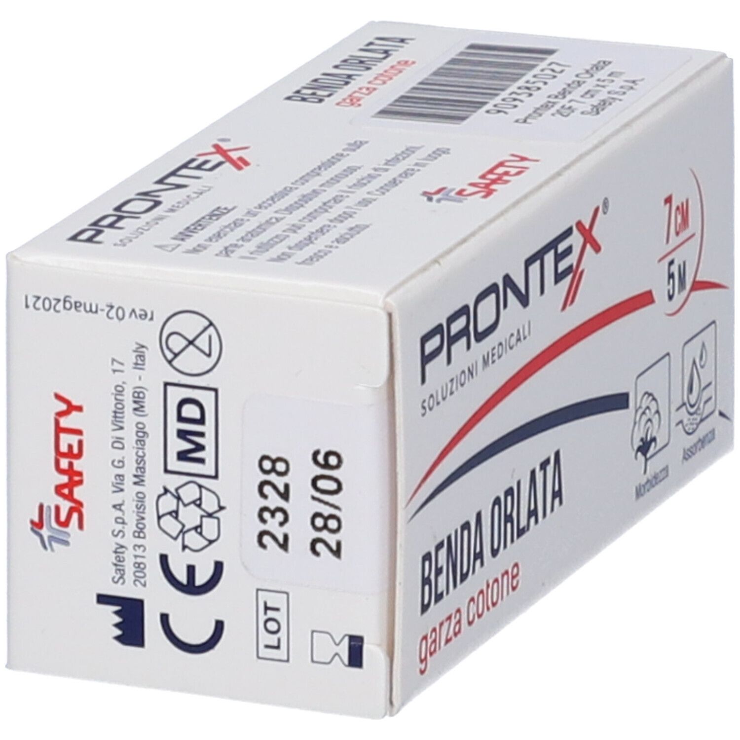 Verpackung Prontex Benda Orlata, 7 cm x 5 m. Aufdrucke: Produktname, Größenangabe, Chargennummer, Verfallsdatum, CE-Kennzeichnung und Symbole.