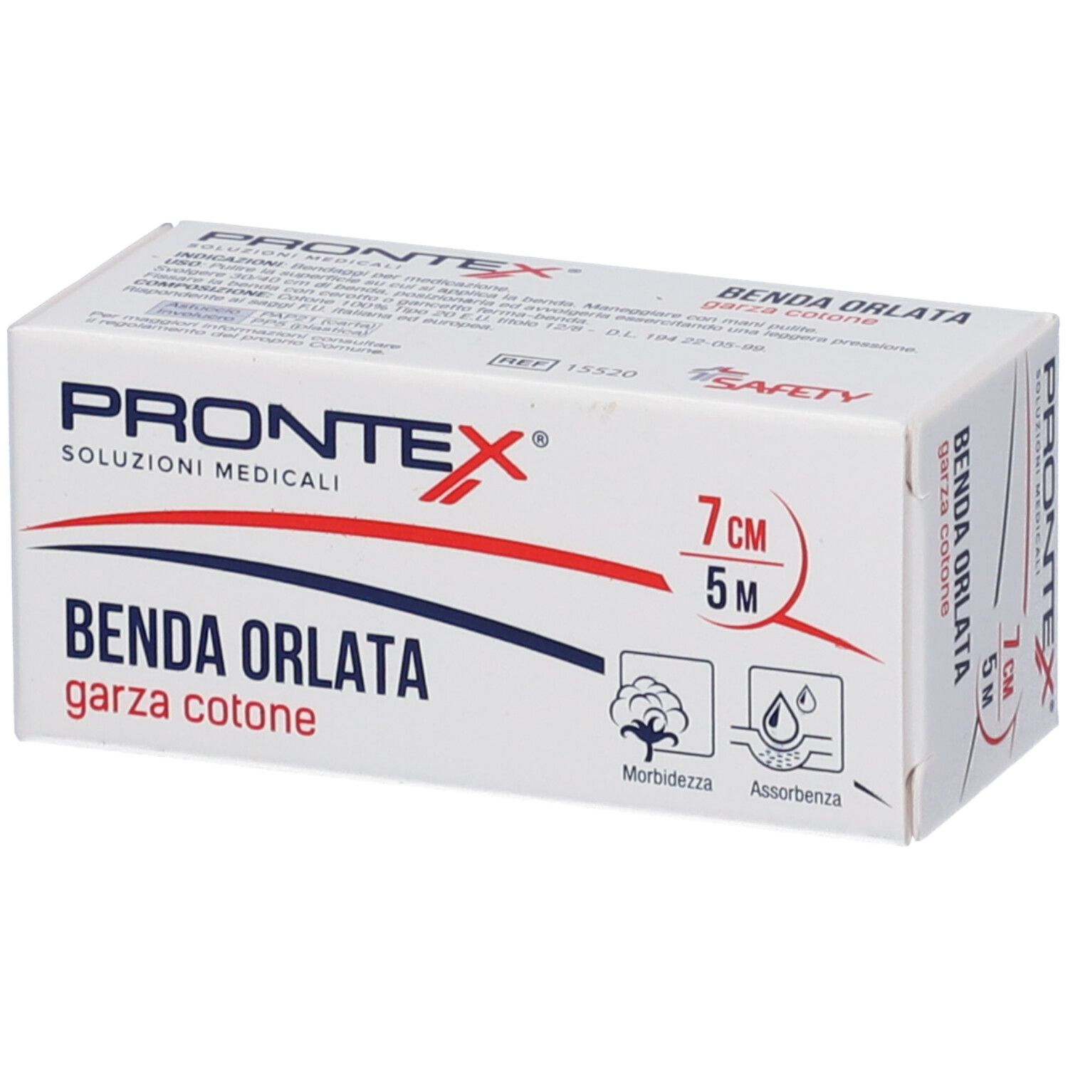 Verband Prontex Benda Orlata, 7 cm x 5 m, Baumwollgaze. Verpackung mit Produktnamen, Größenangabe und Symbolen für Weichheit und Saugfähigkeit.