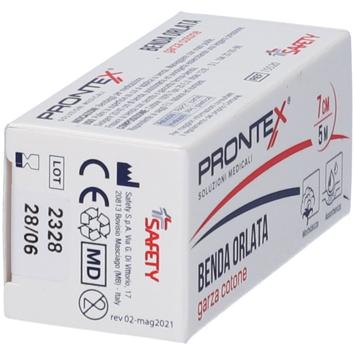 Verpackung Prontex Benda Orlata, 7 cm x 5 m. Aufdrucke: Produktname, Größenangabe, Chargennummer, Verfallsdatum, CE-Kennzeichnung und Symbole.