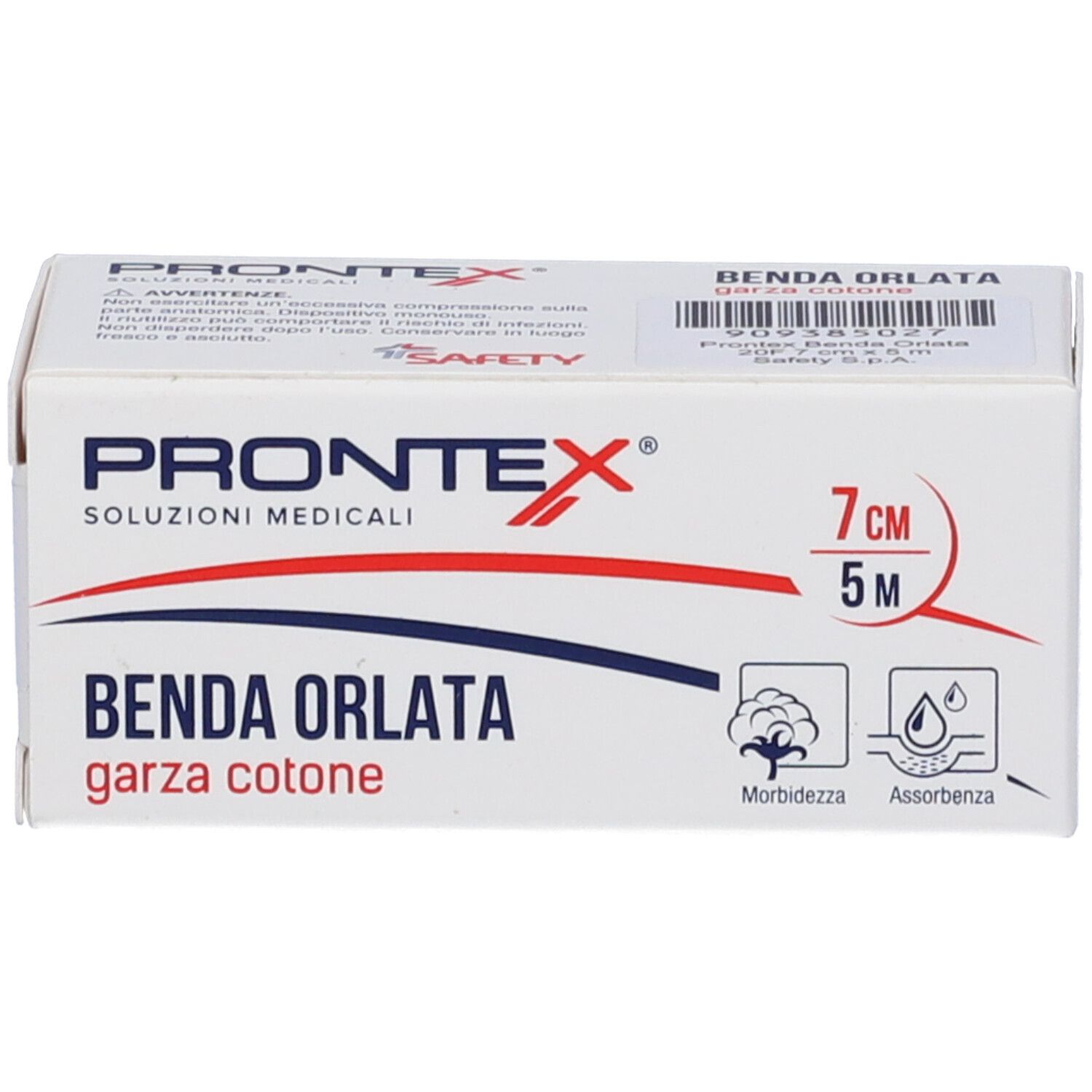 Verband Prontex Benda Orlata, 7 cm x 5 m, Baumwollgaze. Verpackung mit Produktnamen, Größenangabe und Symbolen für Weichheit und Saugfähigkeit.