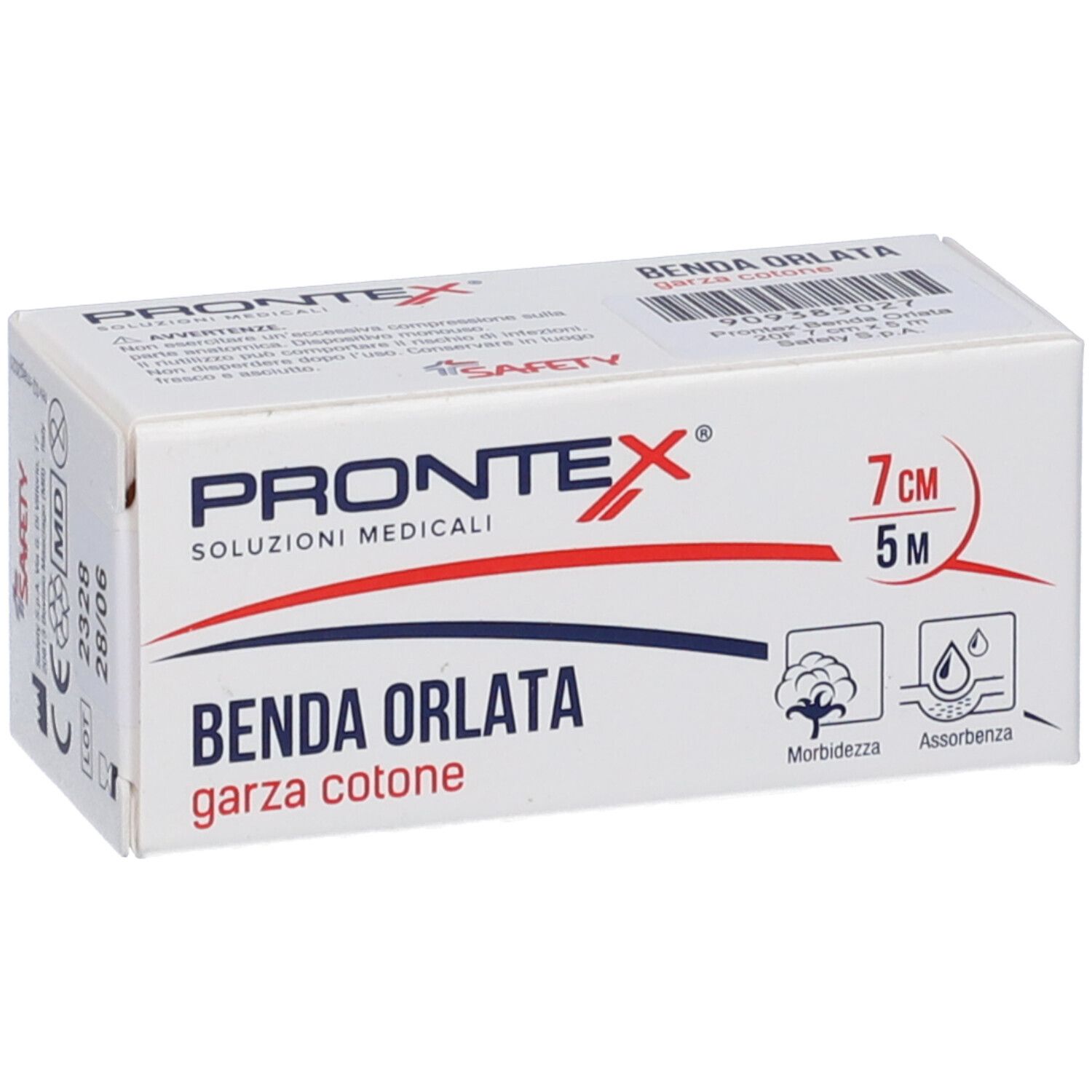 Verpackung Prontex Benda Orlata, 7 cm x 5 m. Aufdrucke: Produktname, Größenangabe, Chargennummer, Verfallsdatum, CE-Kennzeichnung und Symbole.