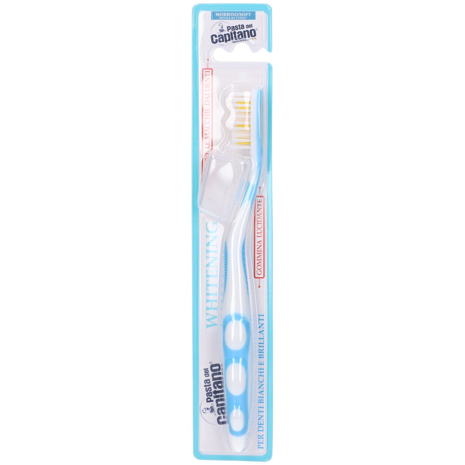 Spazzolino in blister. Manico bianco, dettagli blu, setole gialle. Scritta "Whitening".